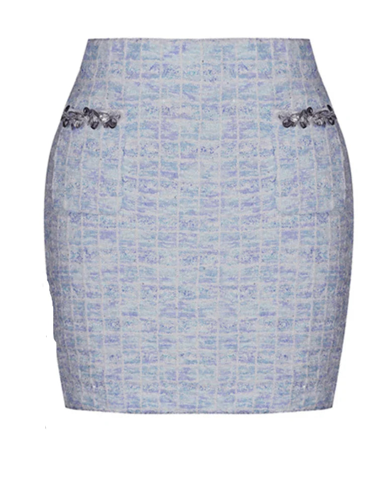 Two Piece Sets for Women Round Neck Long Sleeves Spliced Diamonds Top High Waist Patchwork Pockets Skirt Female New BLUESKIRT