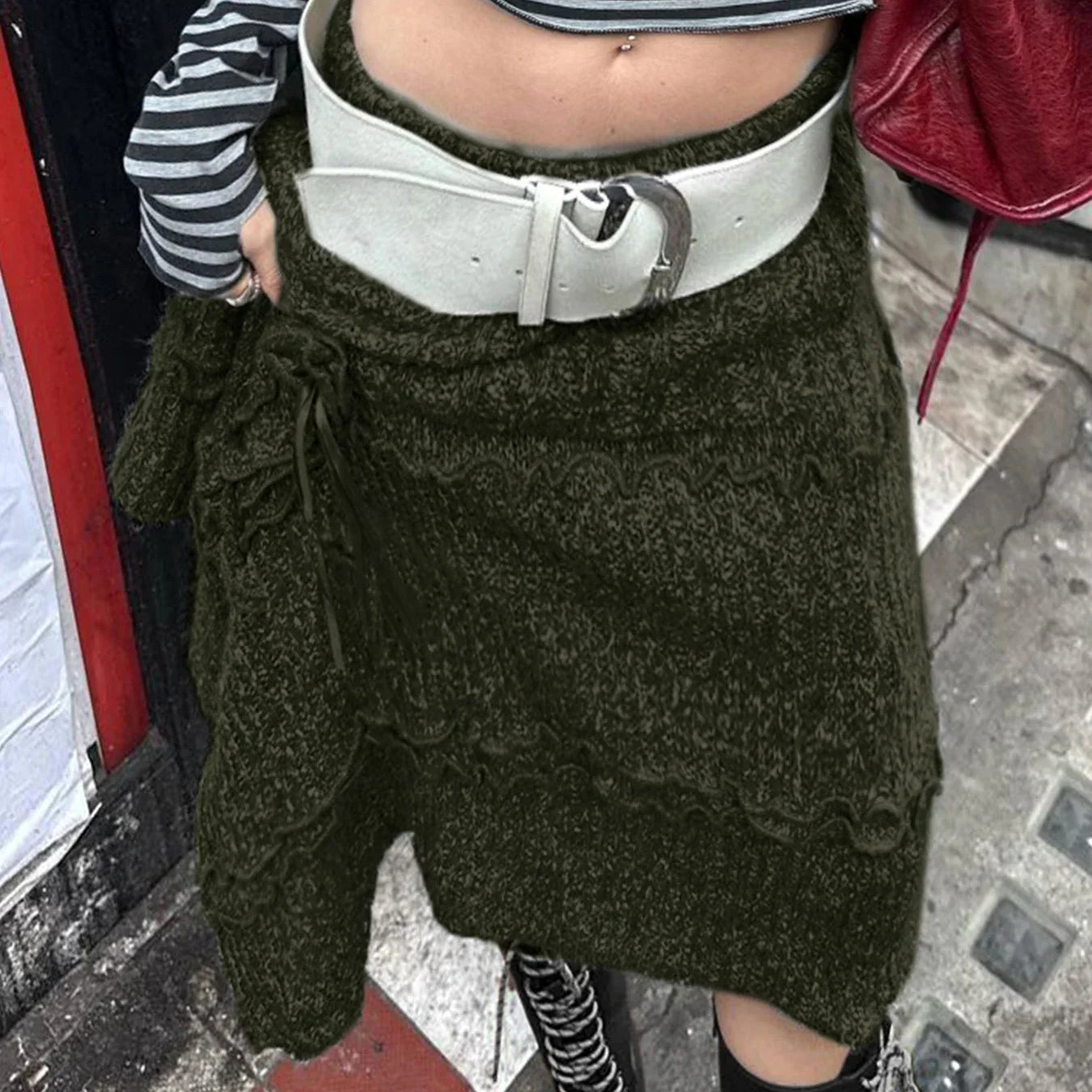 IAMSURE Grunge Style Casual Asymmetrical A-Line Skirt Solid Low-Waisted Knitted Midi Skirts Women Autumn Winter Fashion