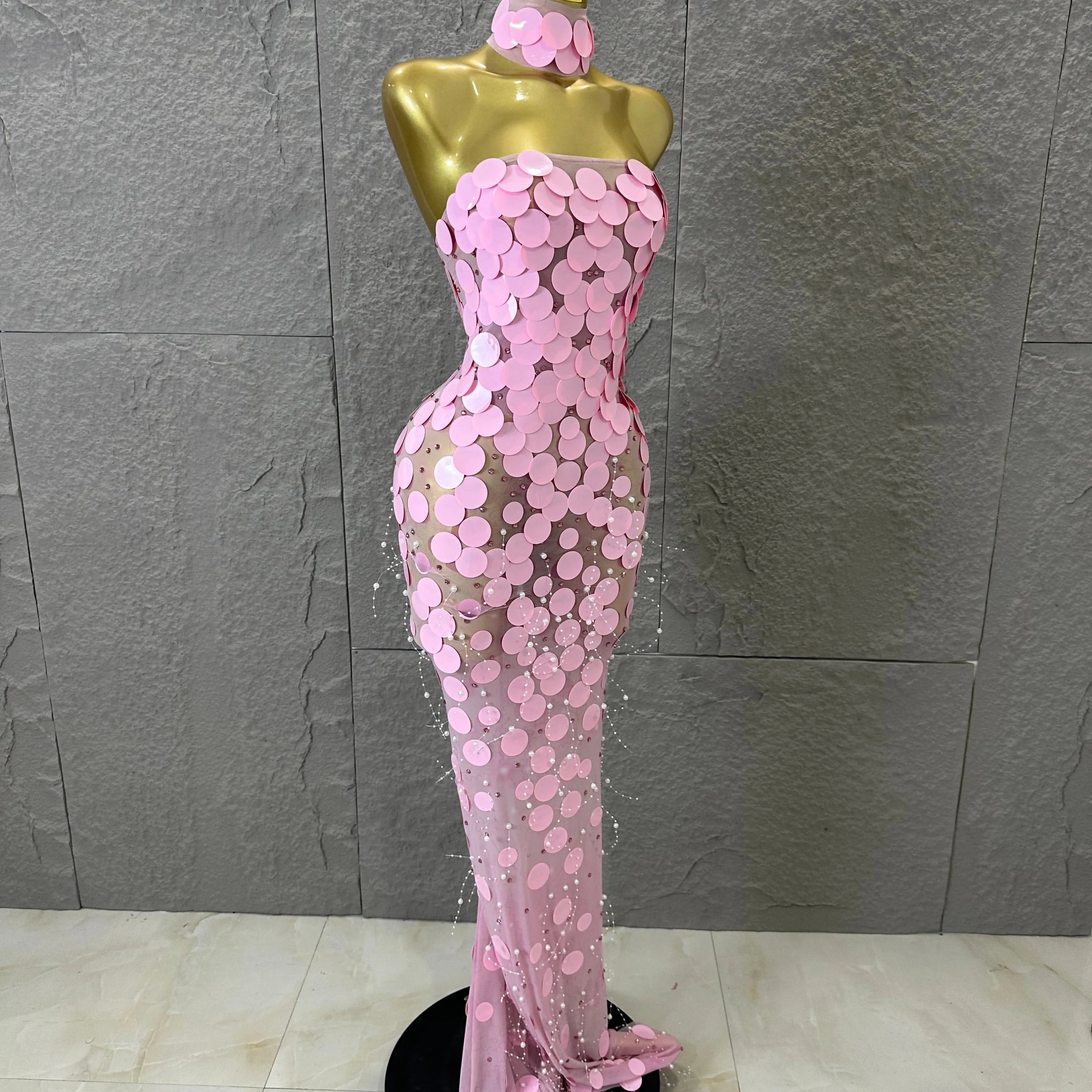 Sexy Pink Halter Neck Slim-fit Maxi Dress Women Pink Disc Pearl Mermaid Outfit Wedding Guest Evening Party Nightclub Costume