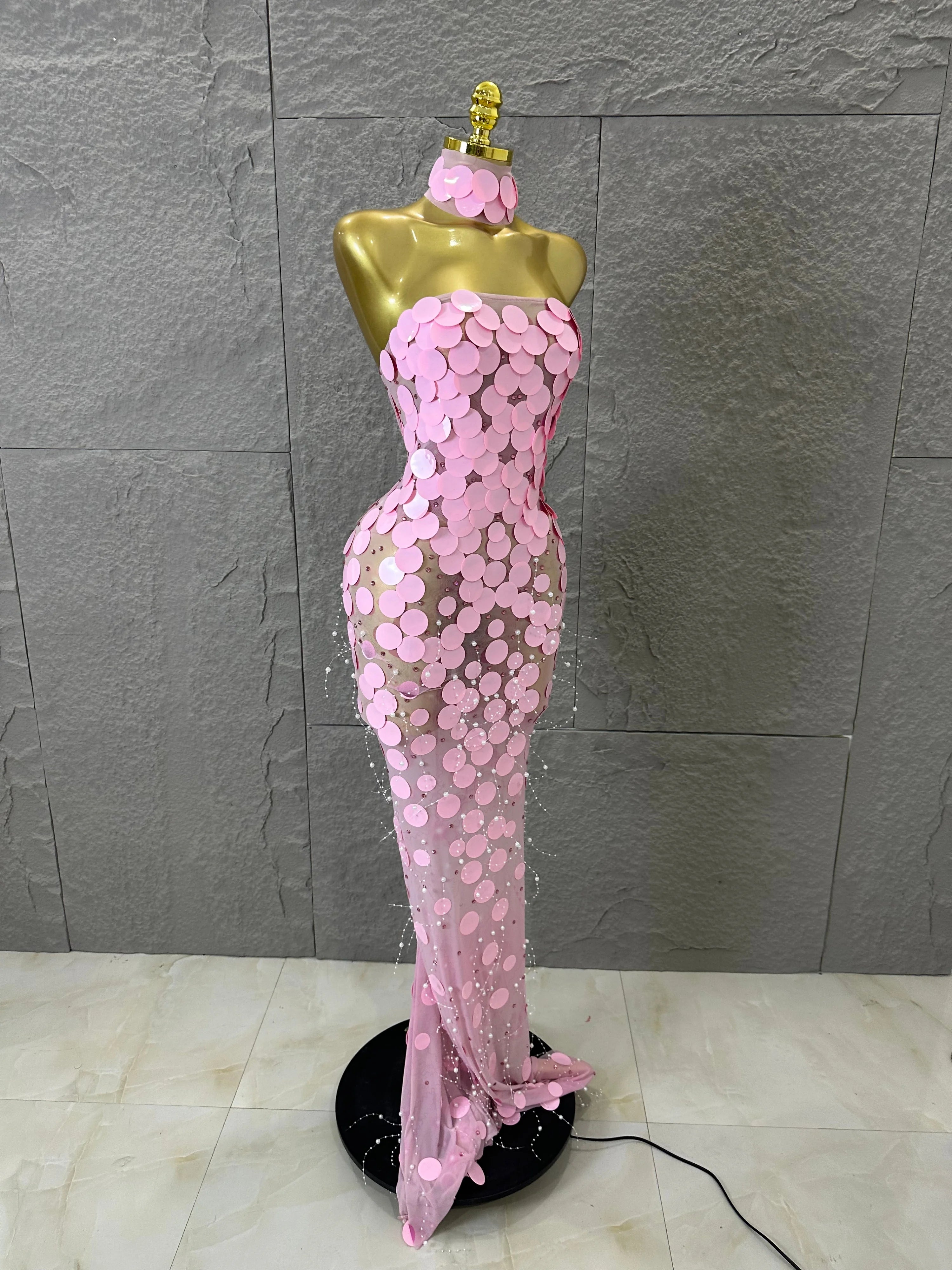 Sexy Pink Halter Neck Slim-fit Maxi Dress Women Pink Disc Pearl Mermaid Outfit Wedding Guest Evening Party Nightclub Costume
