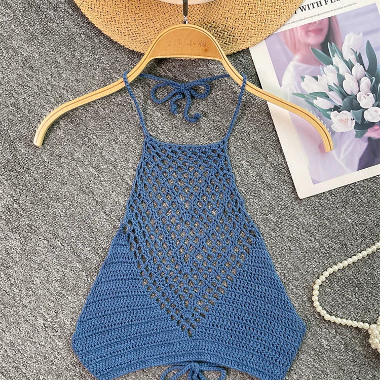 SINGREINY Summer Knit Camisole Women Hollow Out Design Solid Backless Halter Retro Fashion Ladies Sexy Beach Slim Tank Top blue One Size