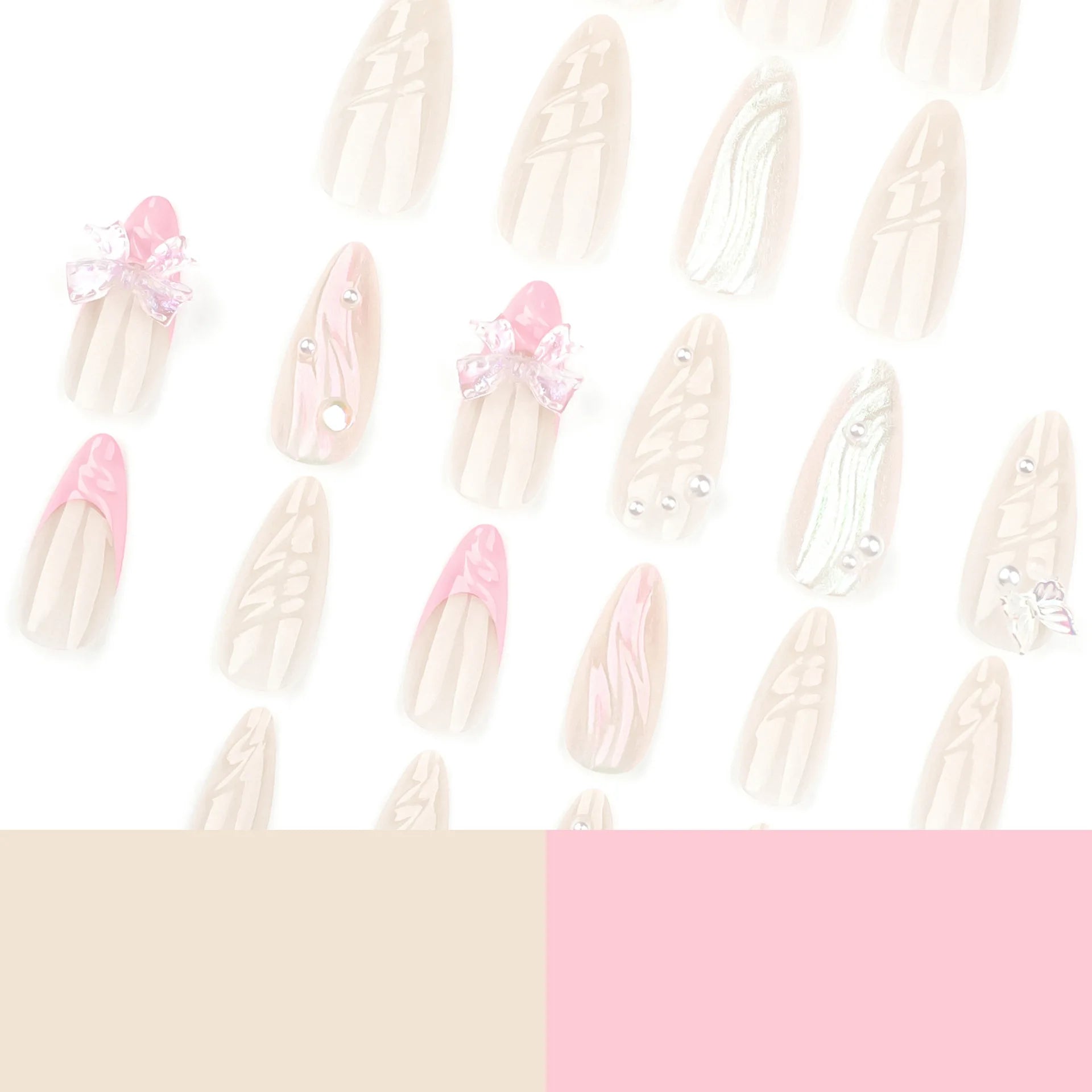 24pcs Sweet French Pink Press on Nail 3D Pearl Butterfly Design Fake Nail Tips Wearable Full Cover Korean Almond Fake Nail Patch