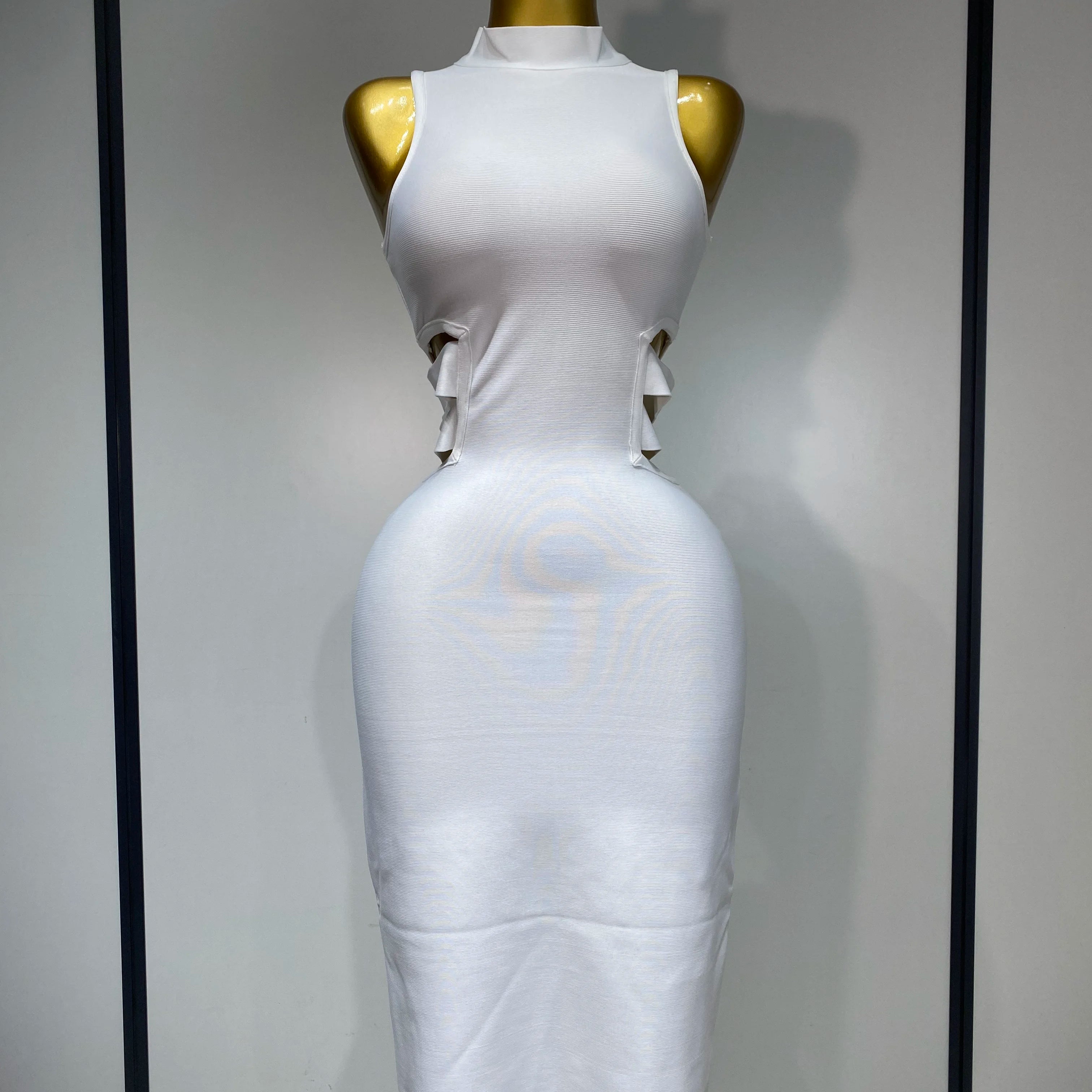 Women Sexy Turtleneck White Cut Out Midi Bodycon Bandage Dress 2025 White Elegant Evening Party Dress Luxury Birthday Dress WHITE