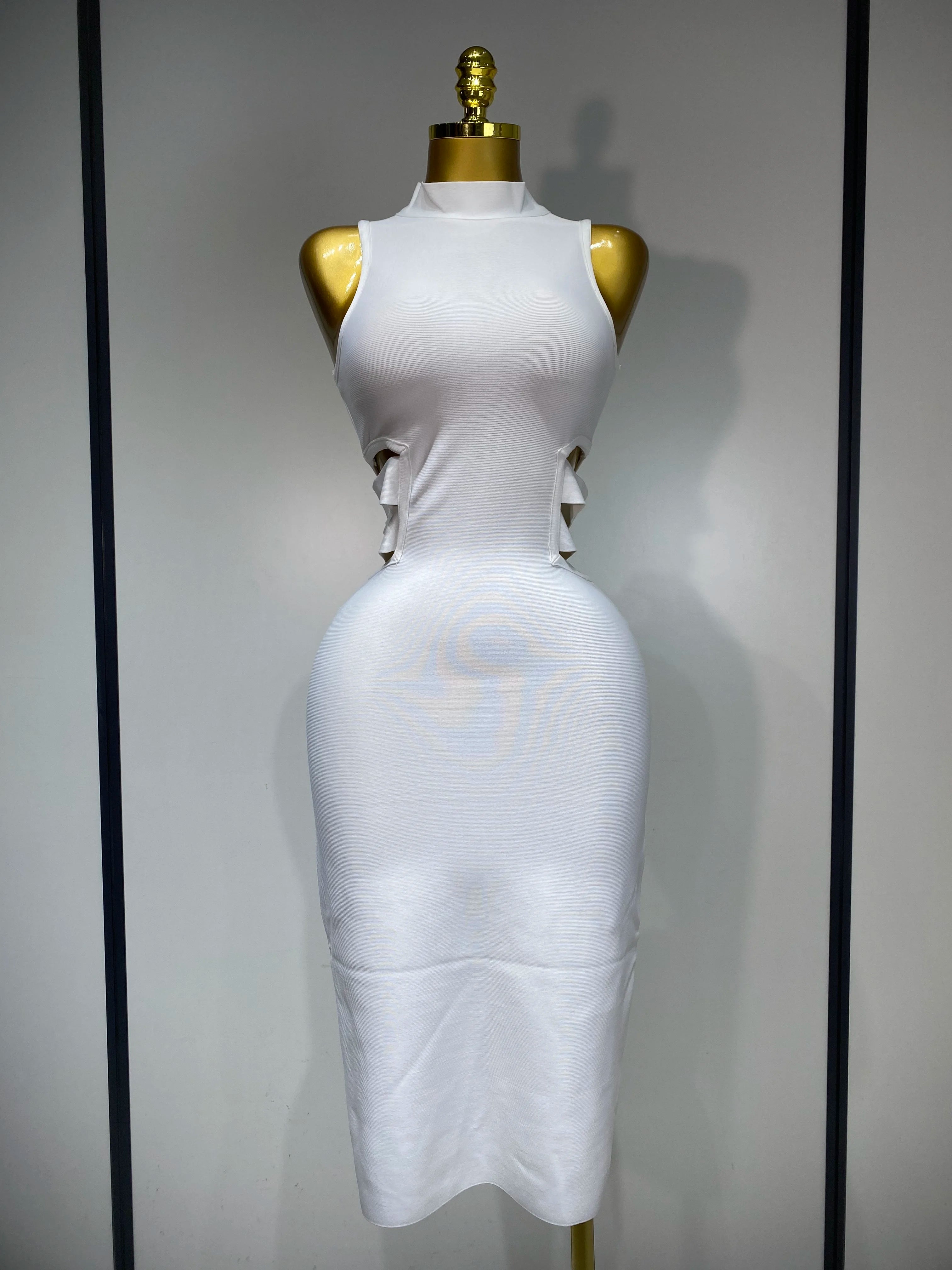 Women Sexy Turtleneck White Cut Out Midi Bodycon Bandage Dress 2025 White Elegant Evening Party Dress Luxury Birthday Dress WHITE