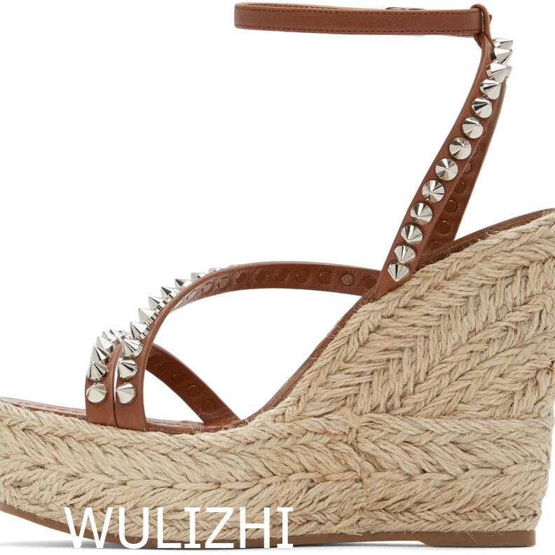 Women&#39;s Candy Color Rivet Design Wedge Sandals Summer Casual Open Slingback Platform Pink Yellow Sandals Cross Wrap Buckle Shoes as picture 3