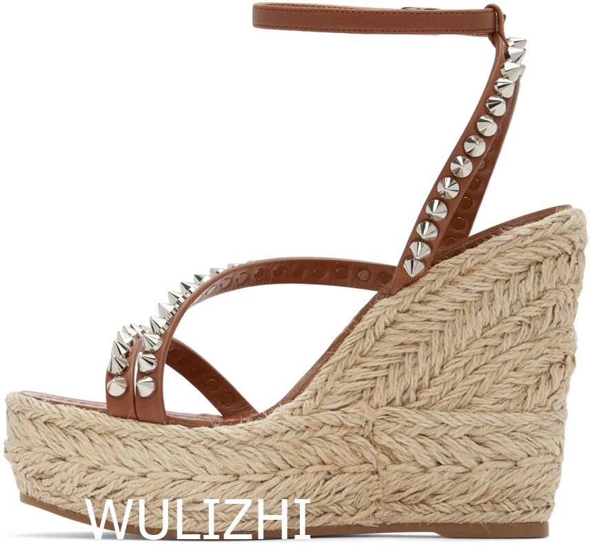 Women&#39;s Candy Color Rivet Design Wedge Sandals Summer Casual Open Slingback Platform Pink Yellow Sandals Cross Wrap Buckle Shoes as picture 3