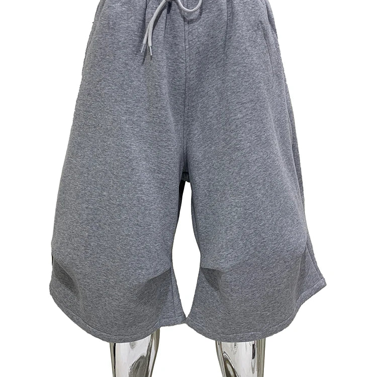 Lautaro Summer Autumn Loose Casual Soft Grey Wide Leg Shorts for Men Drawstring Elastic Waist Knee Length Sweatpants Pants 2025