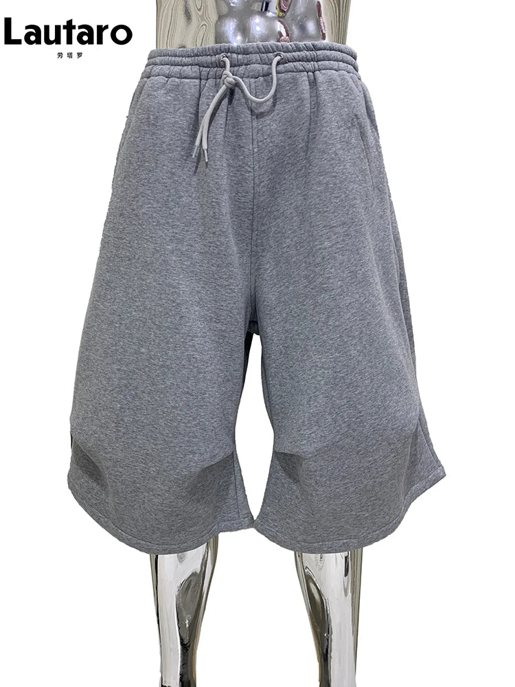 Lautaro Summer Autumn Loose Casual Soft Grey Wide Leg Shorts for Men Drawstring Elastic Waist Knee Length Sweatpants Pants 2025