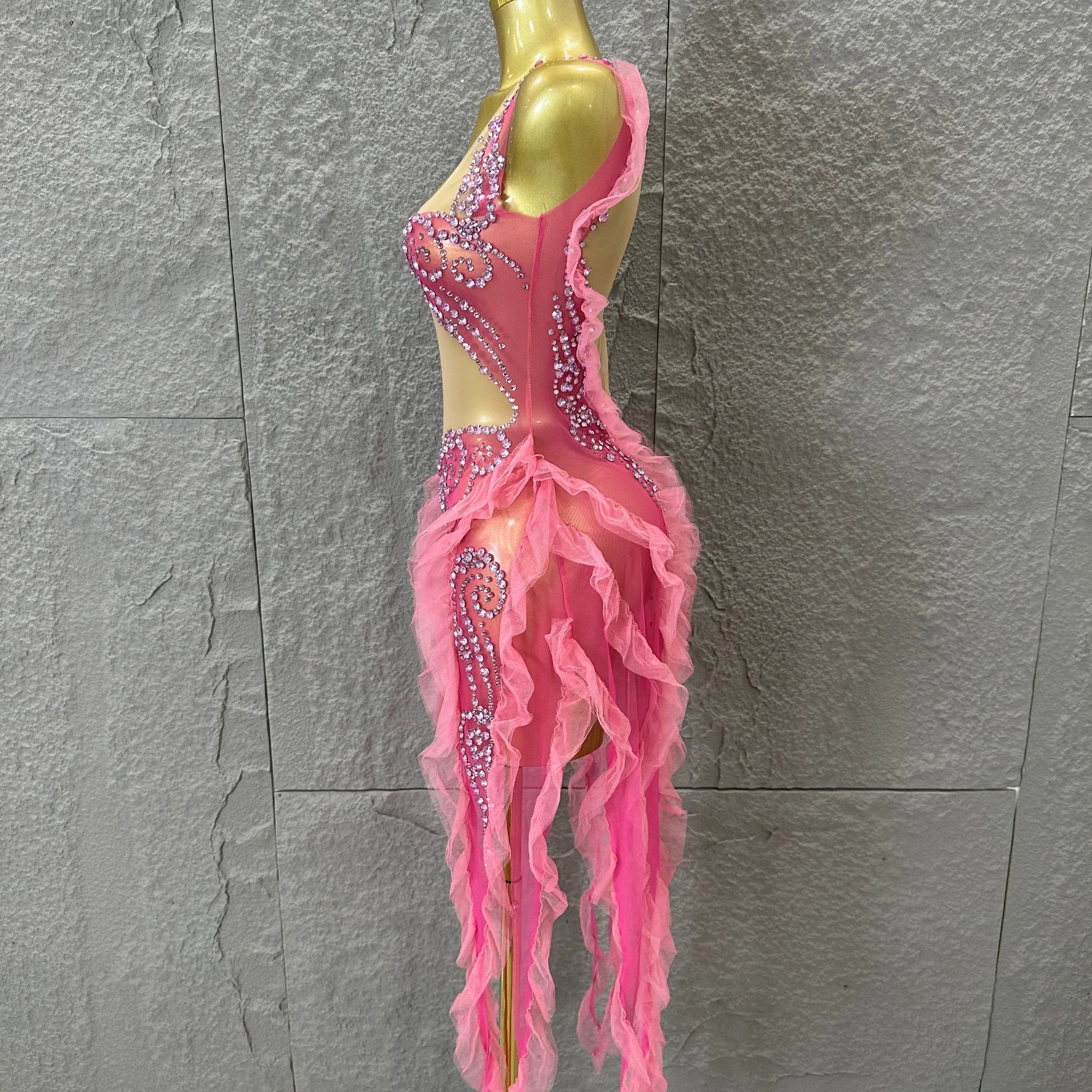 Women Sheer Mesh Rhinestone Ruffle Embellished Latin Dance Performance Costume Elegant Pink Spaghetti Strap Mini Dress