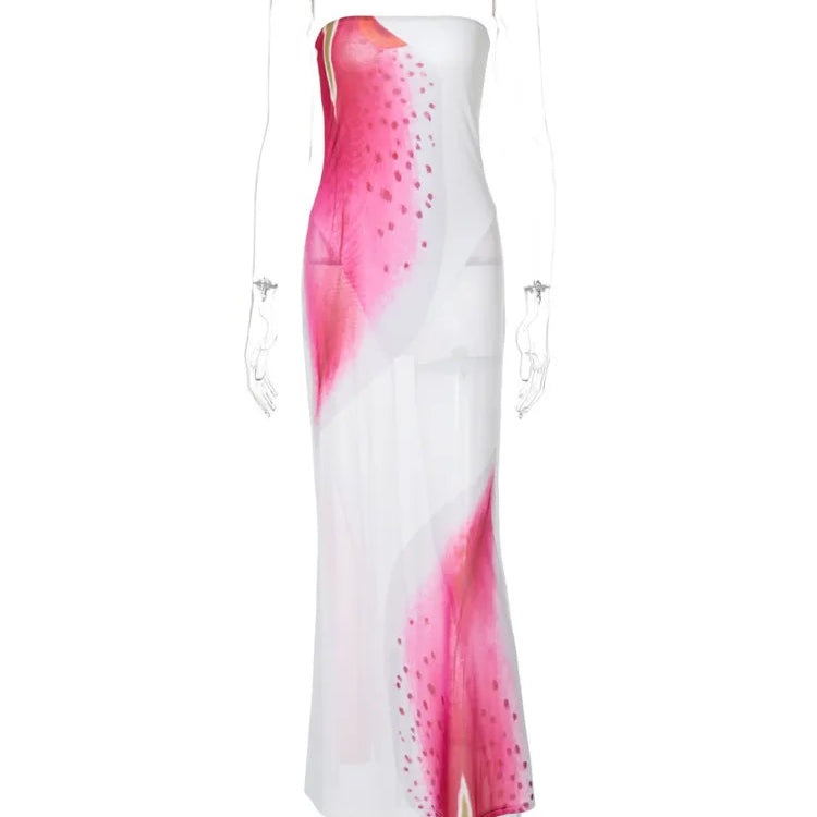 Mesh Floral Print Sexy Maxi Dress For Women Gown Off-shoulder Strapless Sleeveless Backless Bodycon Club Long Dress White