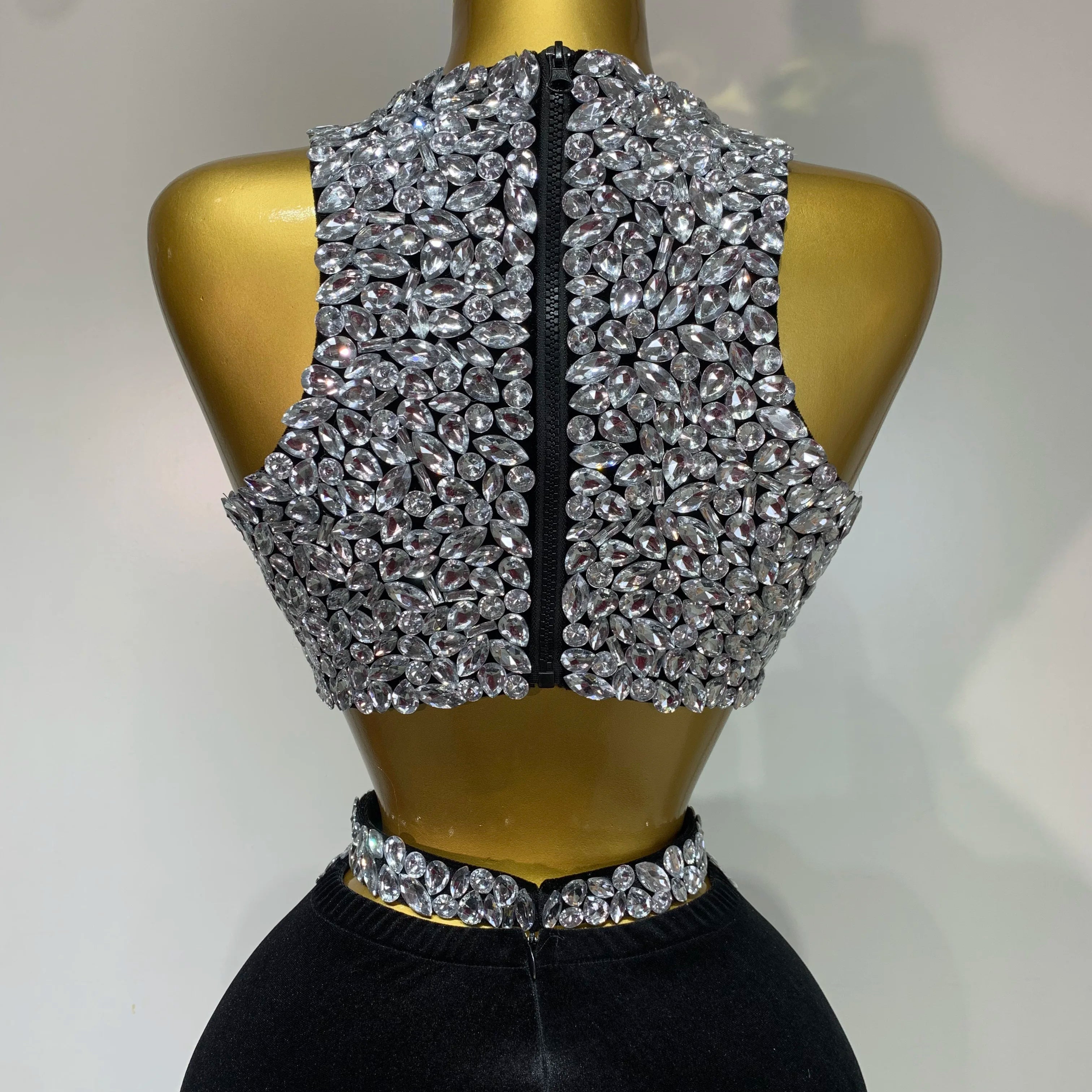 Sparkly Crystal Bodycon Long Dress 2025 Women Sexy Crop Top 2 Pieces Set Nightclub Elegant Party Performance Stage Costume