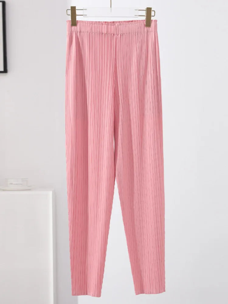 LANMREM Pleated Solid Color Harem Pants Women Pocket Elastic High Waist Female Fashion Ankle-length Trousers Summer 2I576