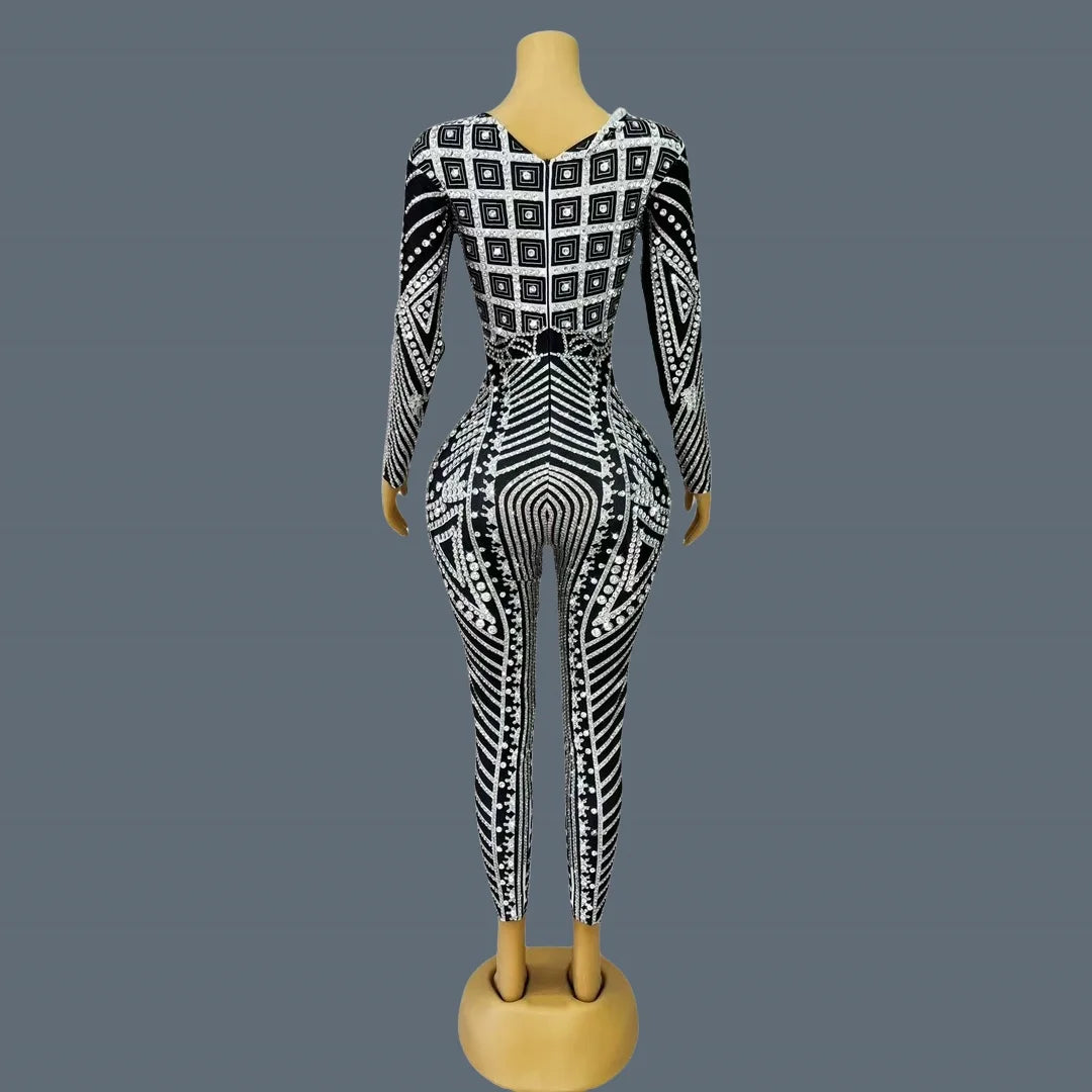 Fancy Sexy Black White Striped Printing Rhinestone Jumpsuit Bar Nightclub Stage Performance Bodycon Leggings for Women Mawenku