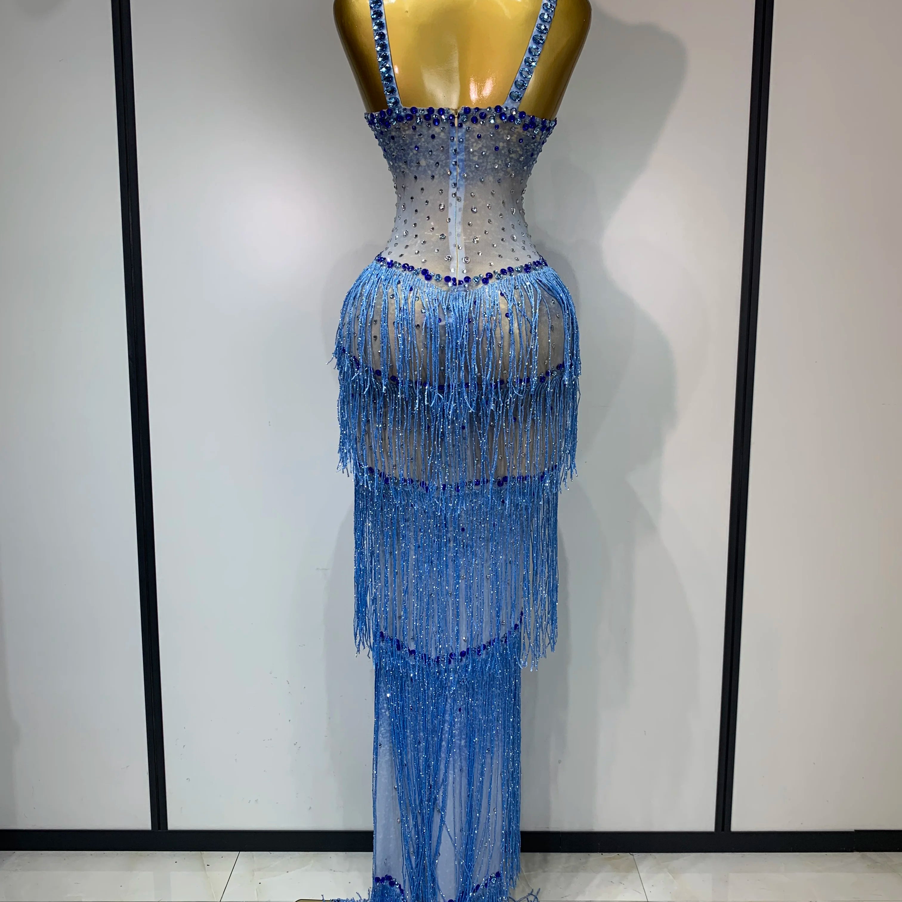 Sparkly Rhinestones Fringes Maxi Long Dress Women Sexy Transparent Elagant Evening Party Birthday Dress Photo Shoot Outfit