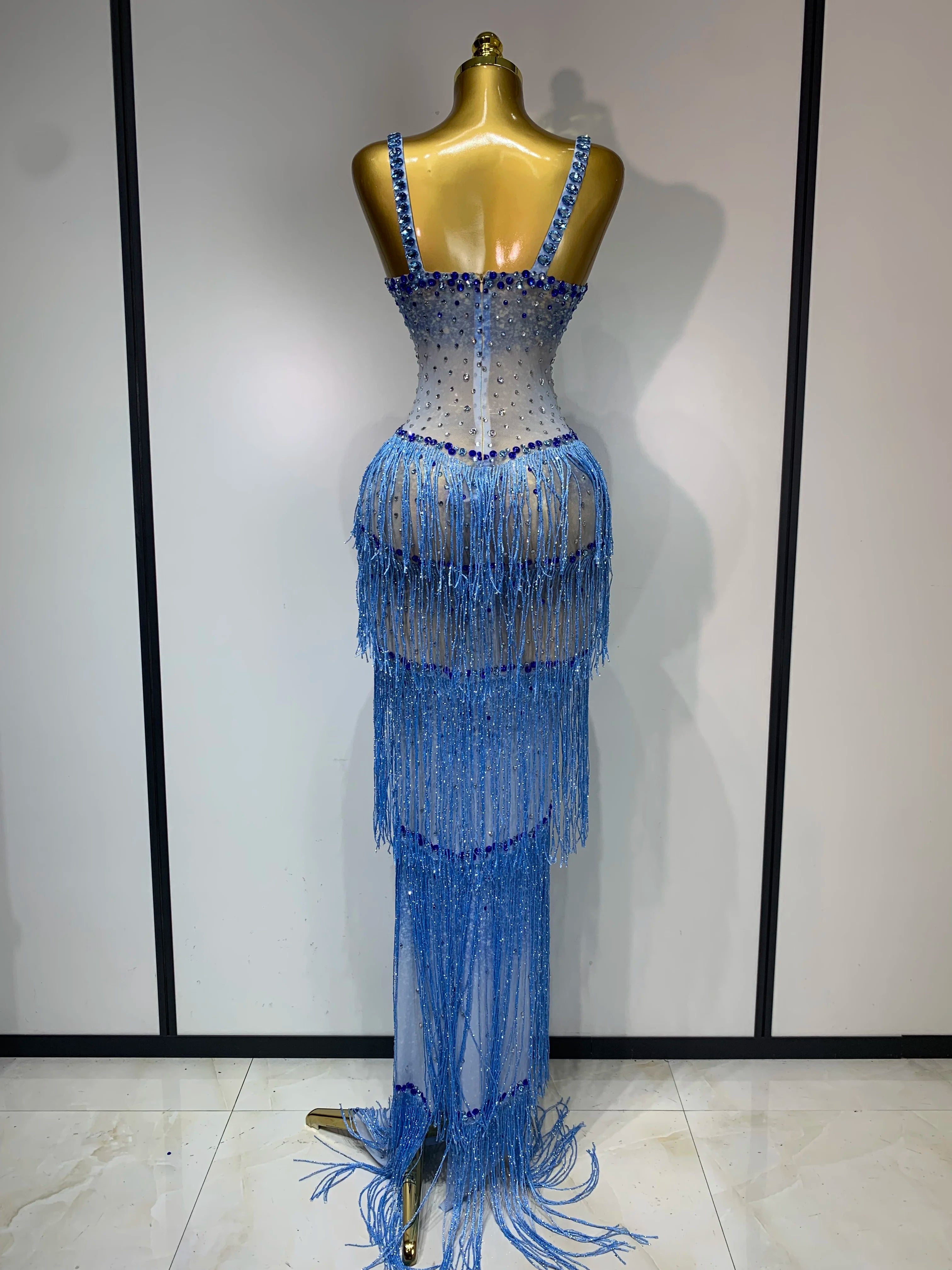 Sparkly Rhinestones Fringes Maxi Long Dress Women Sexy Transparent Elagant Evening Party Birthday Dress Photo Shoot Outfit