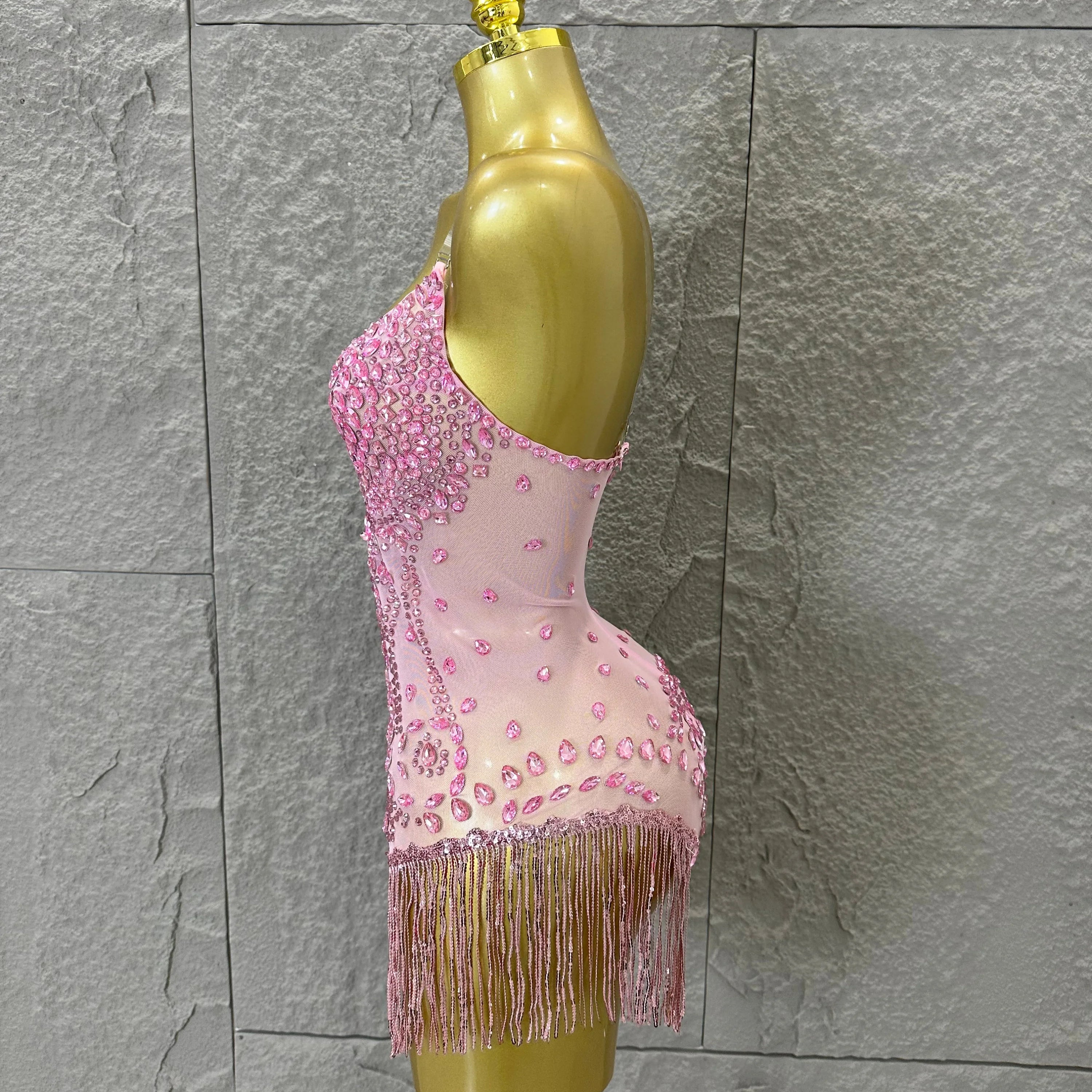Pink Spaghetti Strap Bodysuit Women Sexy Deep V Neck Sheer Mesh Crystal Embellished Fringe Form-Fitting Formal Event Outfit