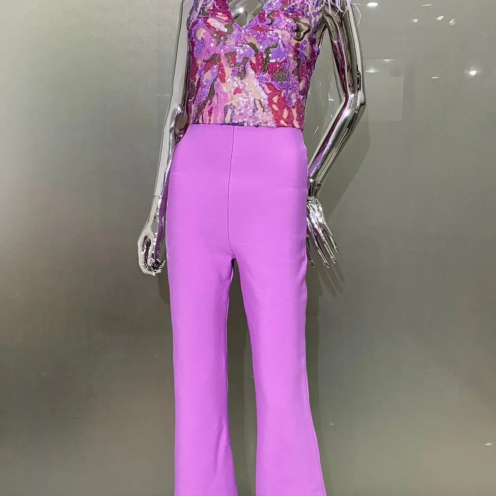 Gorgeous Feathers Shining Sequins Sexy V-Neck Sleeveless Violet Jumpsuit Graceful Woman Evening Party Outfit