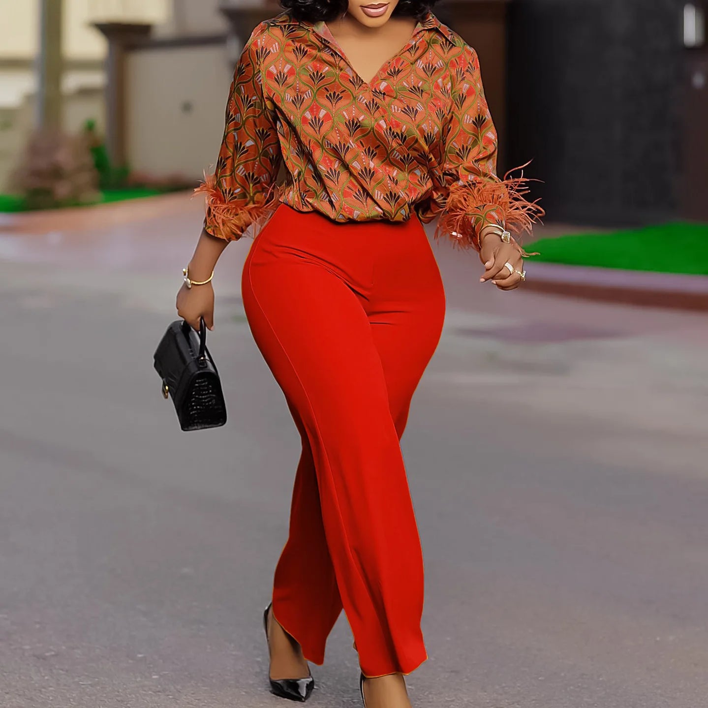 2 Piece Women Sets 2025 Plus Size Spring Summer Matching Sets Print Two Pieces Sets Top Pants Suits Outfits Clothing Orange
