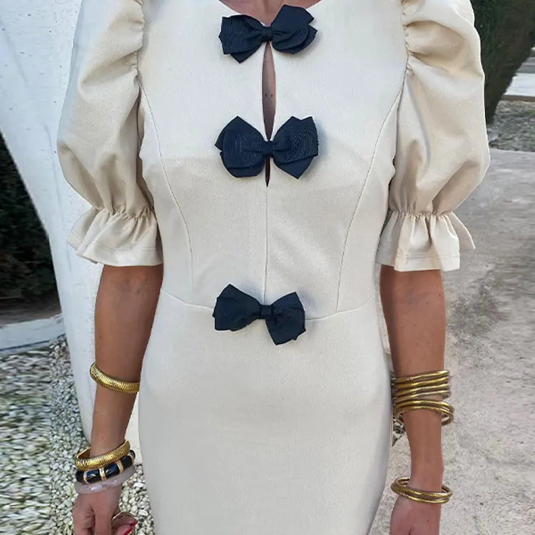 Fashion Short Puff Sleeves Bow Midi Dress For Women Solid Round Neck Slim Fit Dresses Elegant Party Club Vestidos