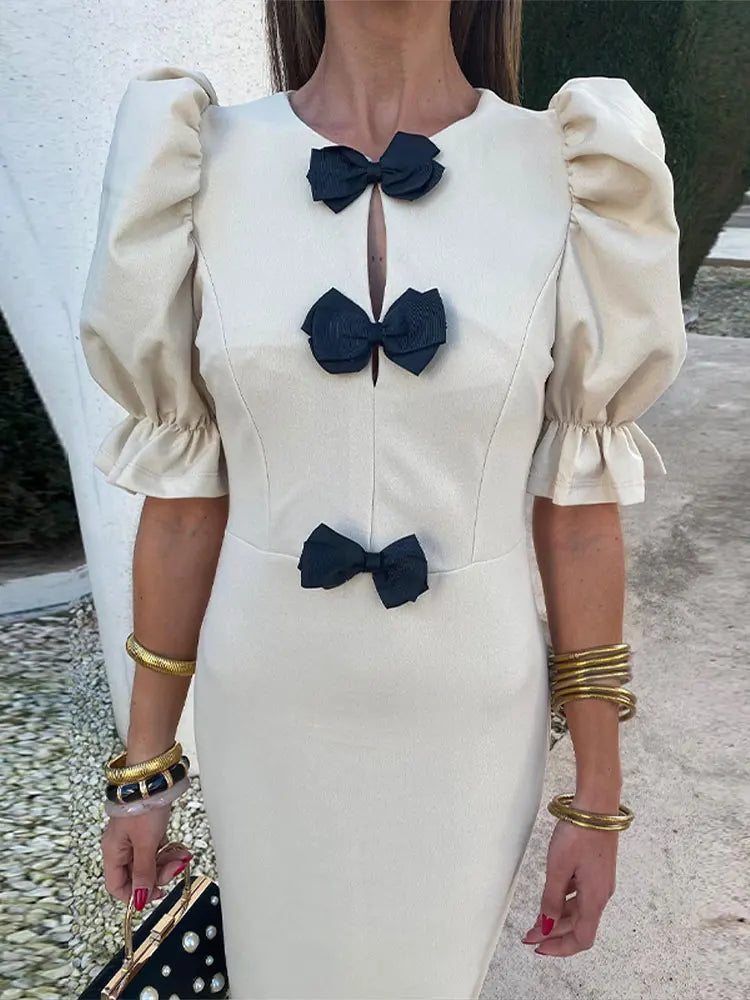 Fashion Short Puff Sleeves Bow Midi Dress For Women Solid Round Neck Slim Fit Dresses Elegant Party Club Vestidos