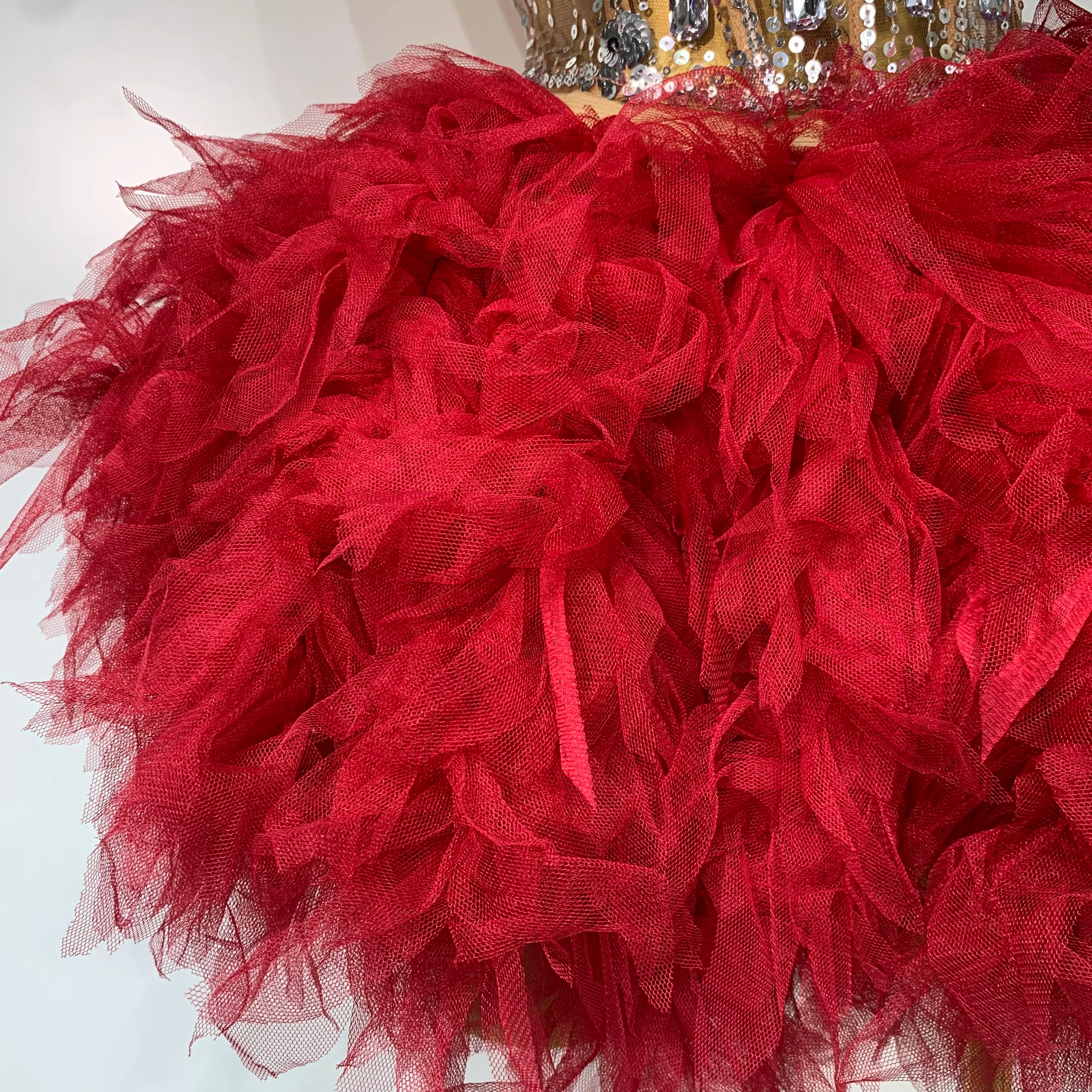 Sexy Strapless Red Mesh Two Pieces Set Singer Nightlcub Party Stage Outfit Photo Shoot 2025 Prom Gown Luxury Birthday Dresses