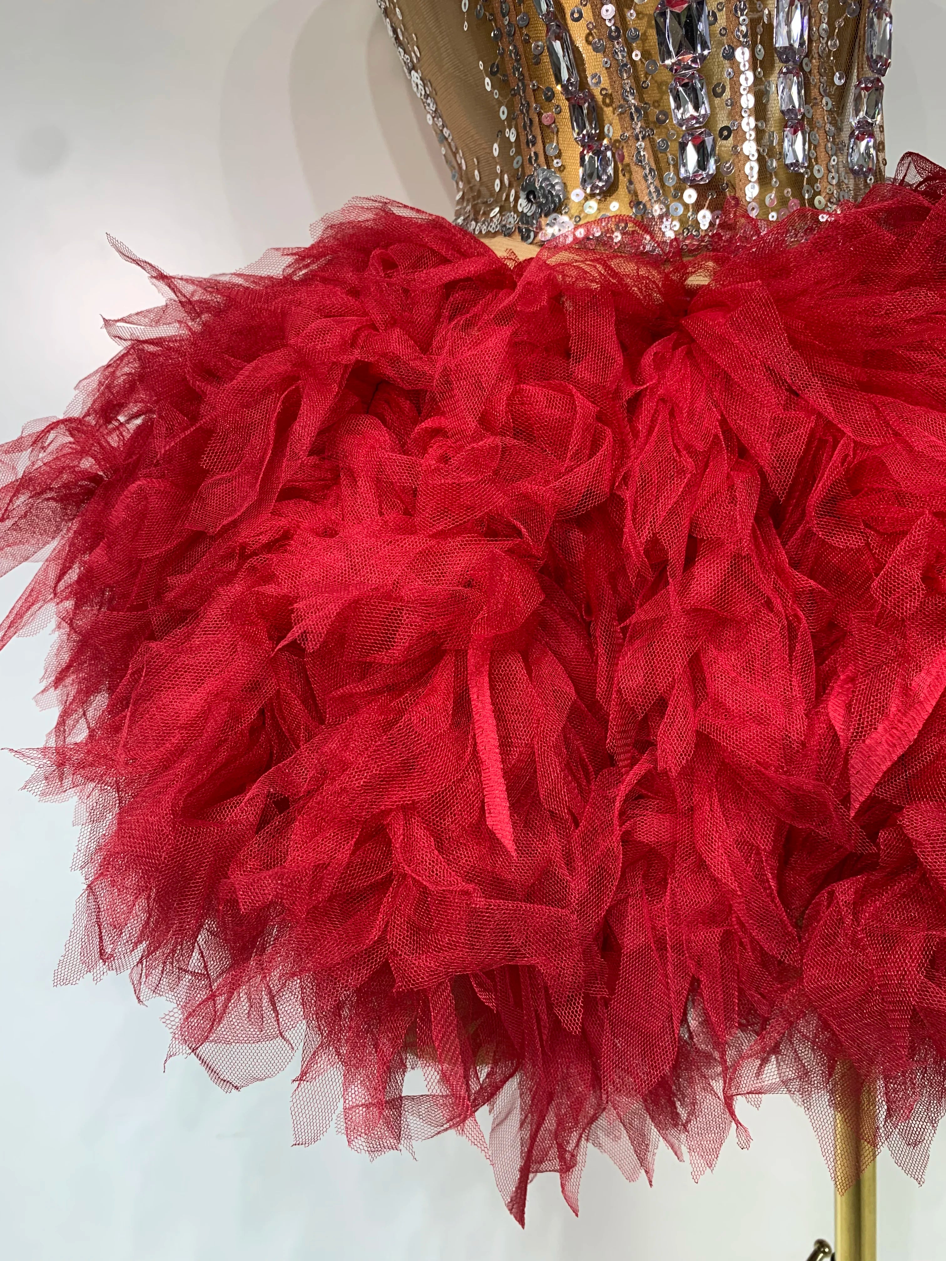 Sexy Strapless Red Mesh Two Pieces Set Singer Nightlcub Party Stage Outfit Photo Shoot 2025 Prom Gown Luxury Birthday Dresses