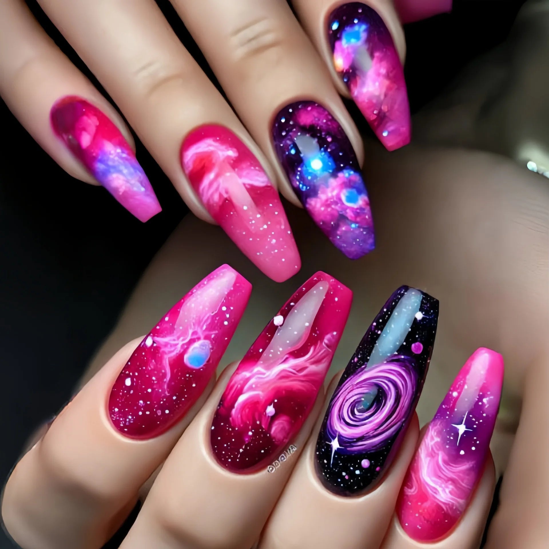 24pcs/set Medium long fake nail tips for women colorful gradient glitter starry design for Spring Summer press on false nail art 1951