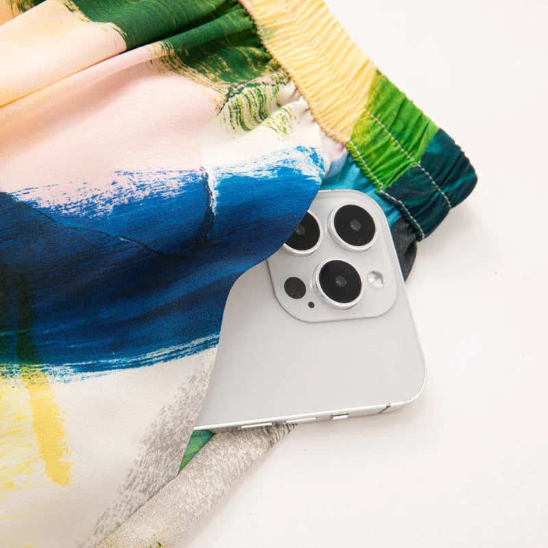 Women's Fashion New 100%Natural Mulberry Silk Elastic Waist Loose Casual Contrasting Color Printed Wide Leg Pants