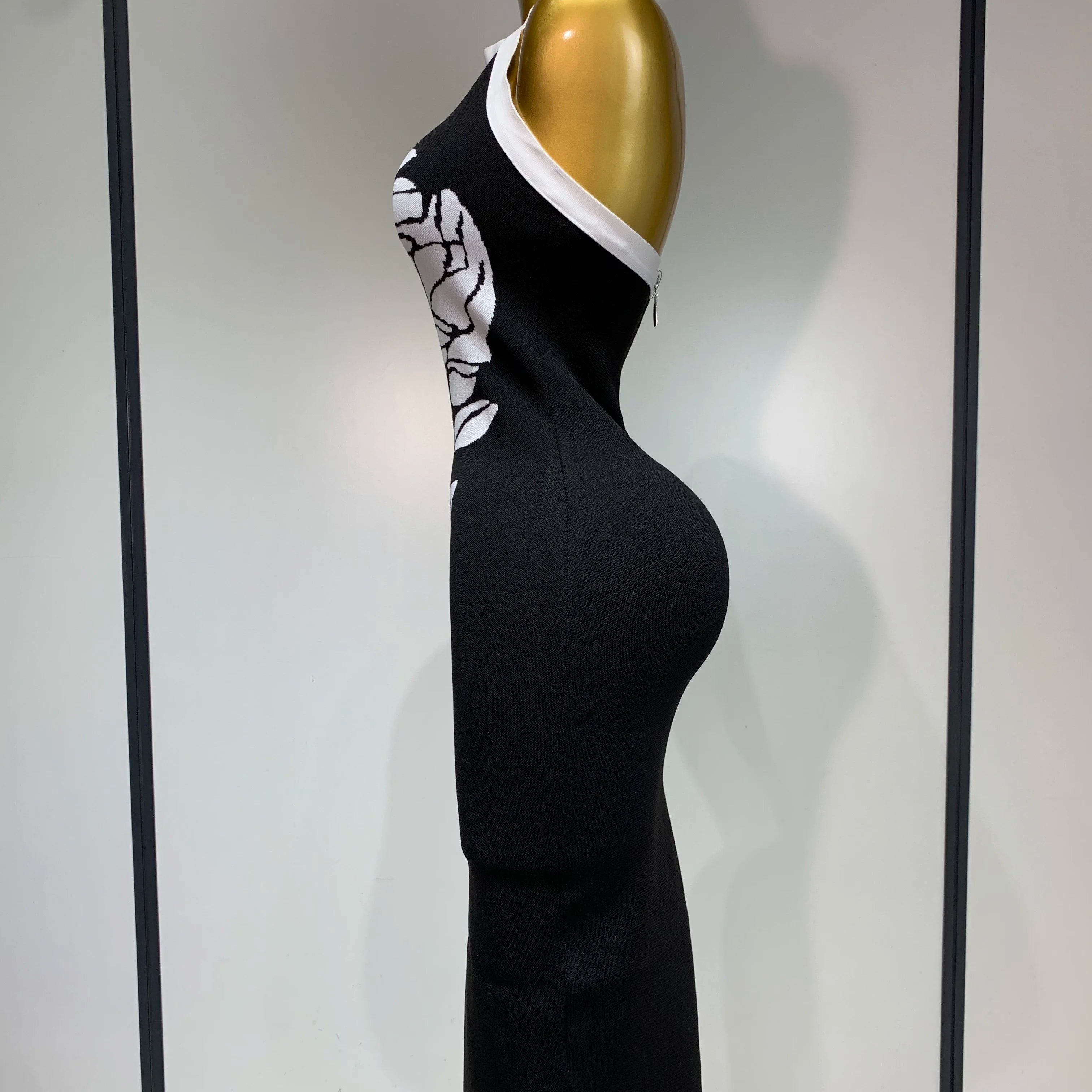 Women Fashion Celebrity Sexy Backless Rose Flower Midi Black Jacquard Bandage Dress 2025 Elegant Evening Club Party Dresses