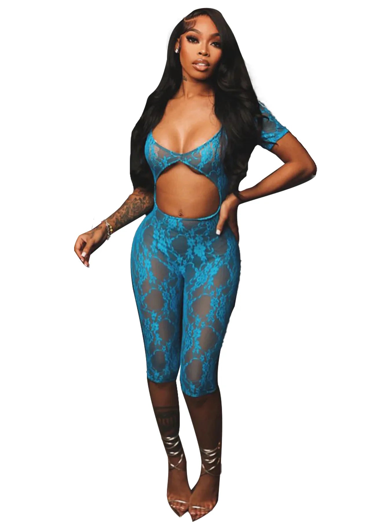 2024 Spring Short Sleeve Backless Women Lace Hollow Out Casual Rompers Playsuit Short Jumpsuits V-neck One Piece Outfits Blue