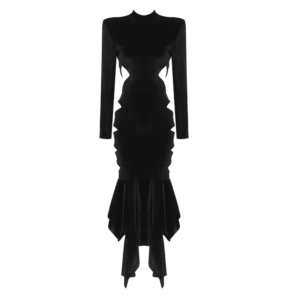 Hollow Out Sexy Black Dress Women Long Sleeve Fashion Ruffle Night Club Party Wear Soft Velvet Maxi Dress Vestidos black