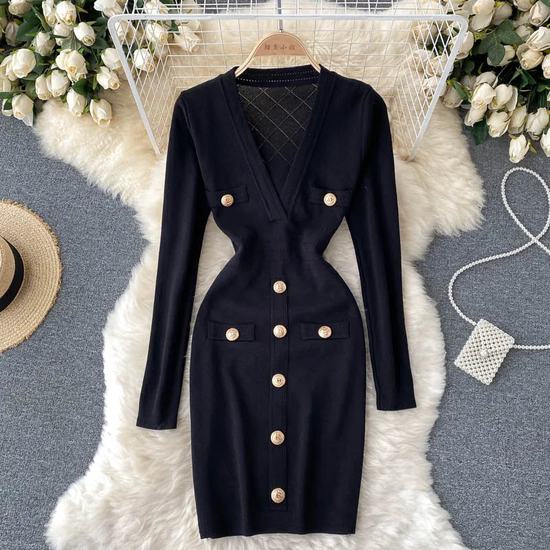 Women Knitted Pencil Dress Korean Long Sleeve V Neck Elastic Slim Dress Autumn Winter Sexy Bodycon Warm Sweater Dress black One Size