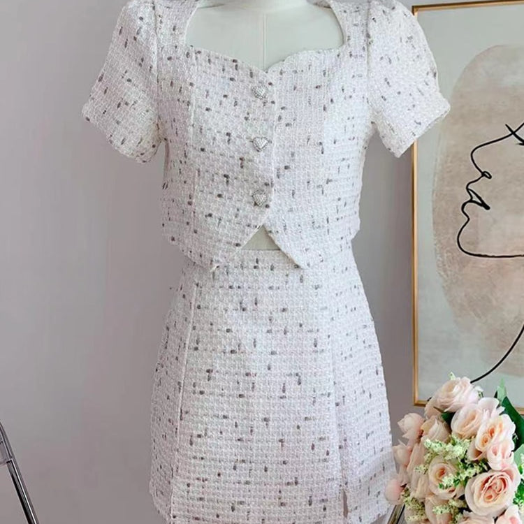 Small Fragrant Skirt Suit Tweed Short Coat Puff Sleeve Two Piece Set Female 2024 Summer Fashion Skirt for Women Korea Fashion