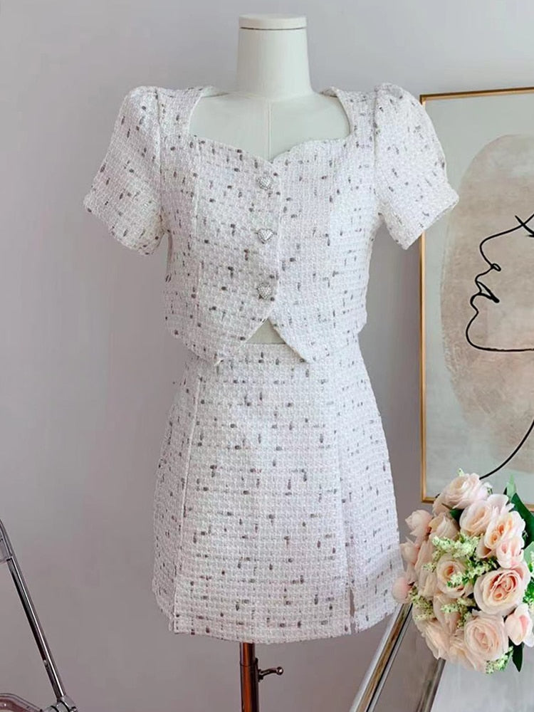 小さな香りのスカートスーツツイードショートコートパフスリーブツーピースセット女性 2023 夏のファッションスカート女性のための韓国ファッション