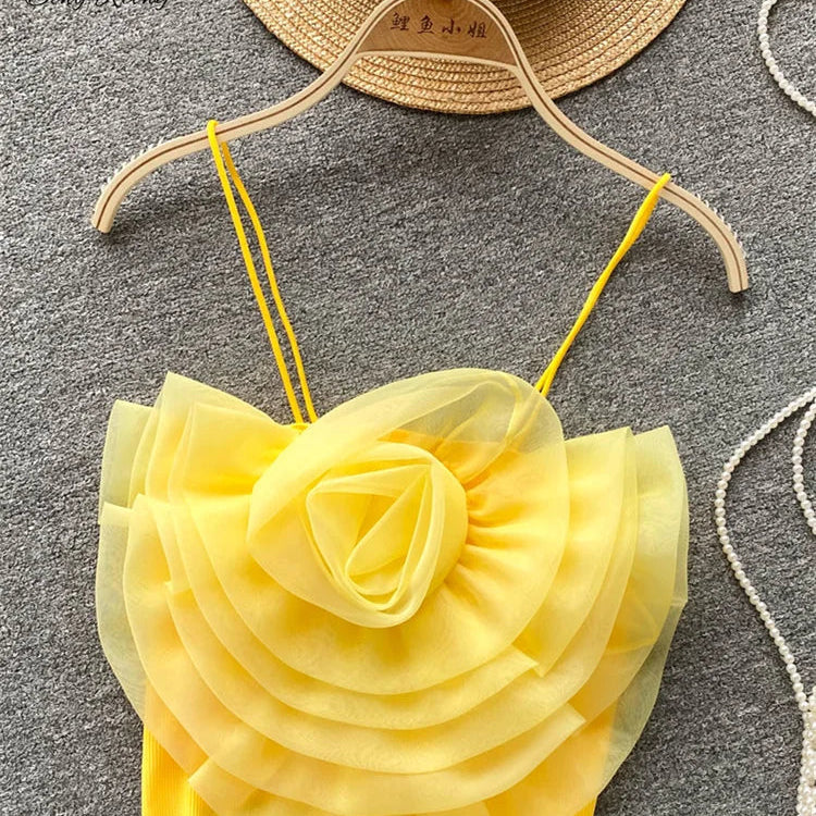 SINGREINY Female 3D Flowers Vacation Style Sexy Camis Summer Design Sheath Tops Women Solid Slim Short Streetwear Beach Camisole yellow One Size