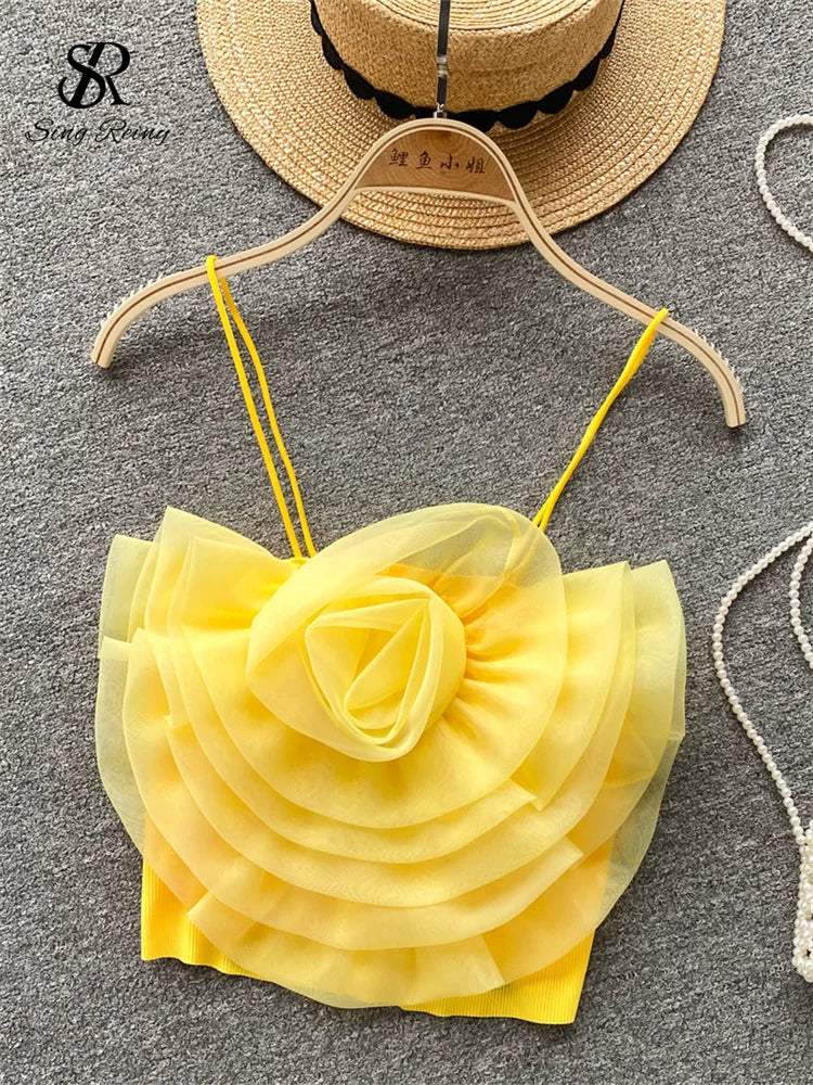 SINGREINY Female 3D Flowers Vacation Style Sexy Camis Summer Design Sheath Tops Women Solid Slim Short Streetwear Beach Camisole yellow One Size