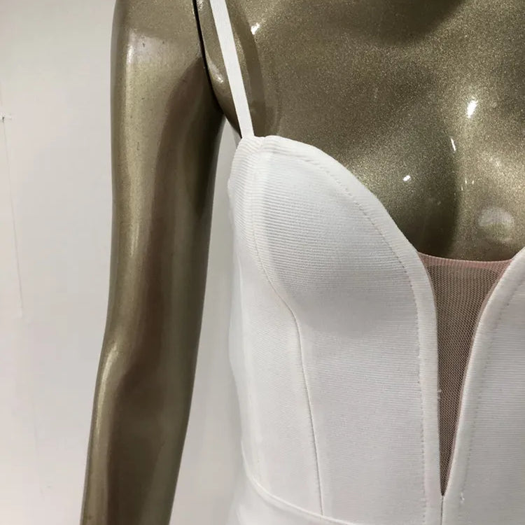 Women Summer Sexy Sleeveless Backless V Neck White Black Mesh Mini Bodycon Bandage Dress Elegant Evening Club Party Dress