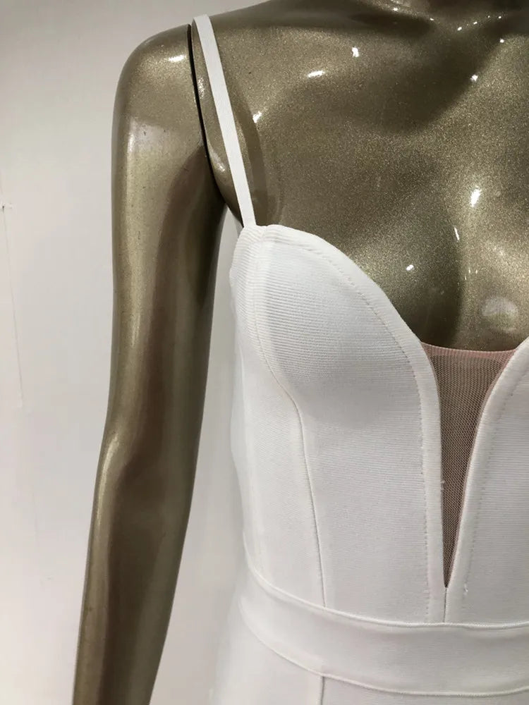 Women Summer Sexy Sleeveless Backless V Neck White Black Mesh Mini Bodycon Bandage Dress Elegant Evening Club Party Dress