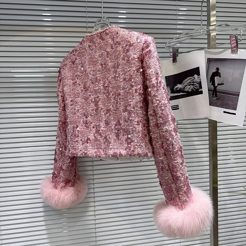 Winter New High-End Fox Fur Sleeve Sequin Tweed Cotton Lined Short Coat For Women Fashion Versatile Jacket 11A07501