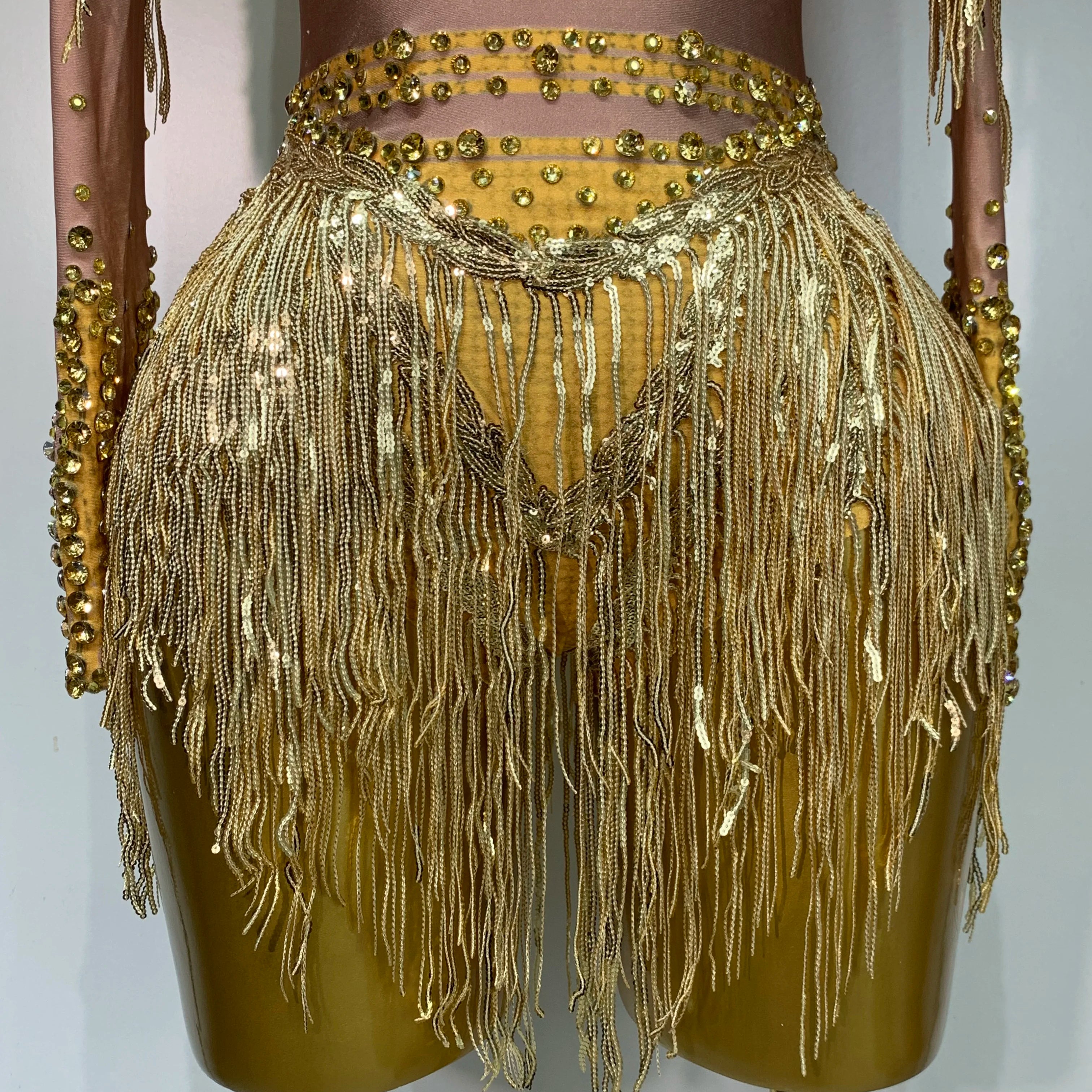 Women Long Sleeve Sexy Shinning Tassels Rhinestone Bodycon Bodysuit High Stretch Bar Dancer Nightclub Stage Wear Birthday Outfit