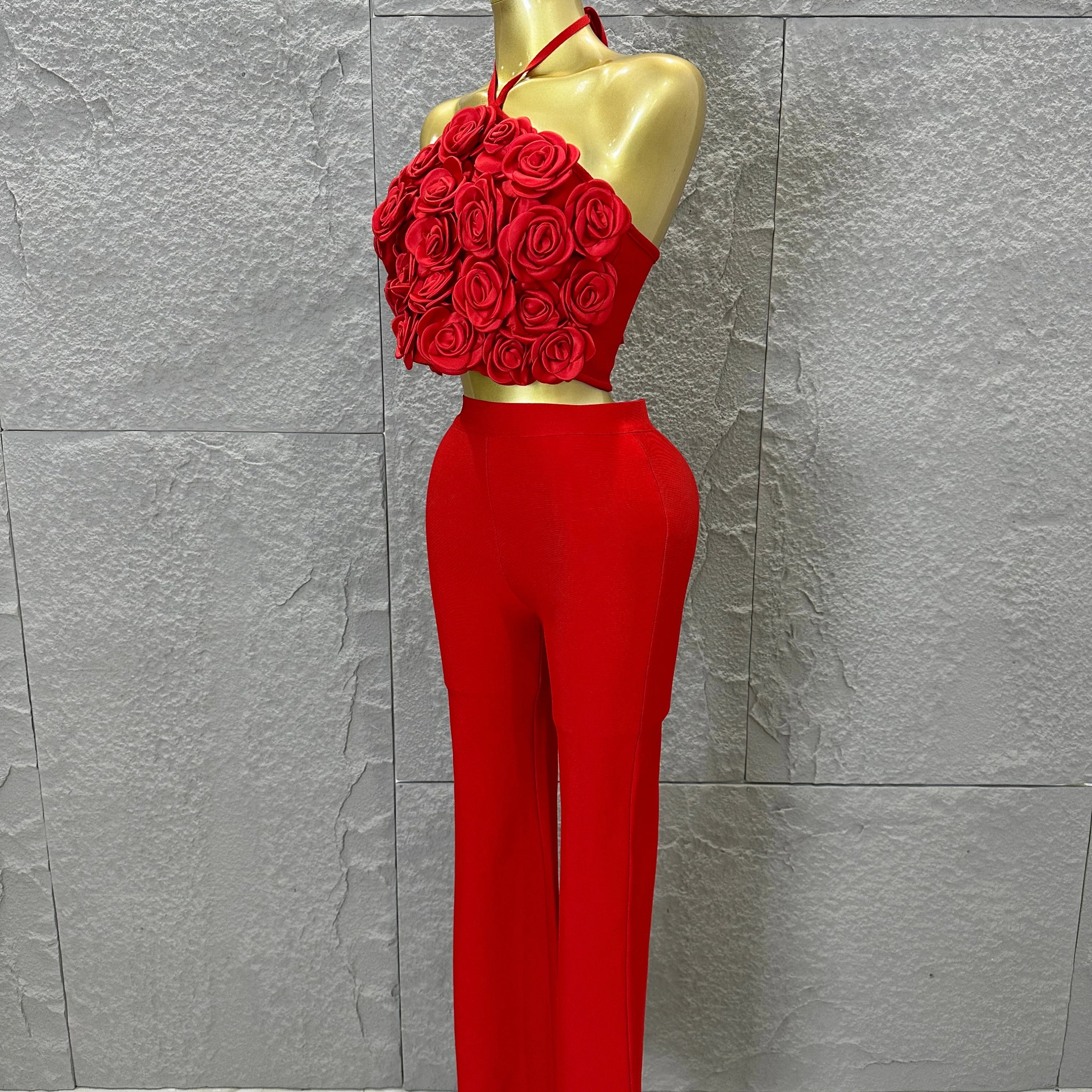 Elegant Two Piece Set Women Halter 3D Flower Crop Top High Waist Flare Pants Bandage Suit Party Casual Formal Wear
