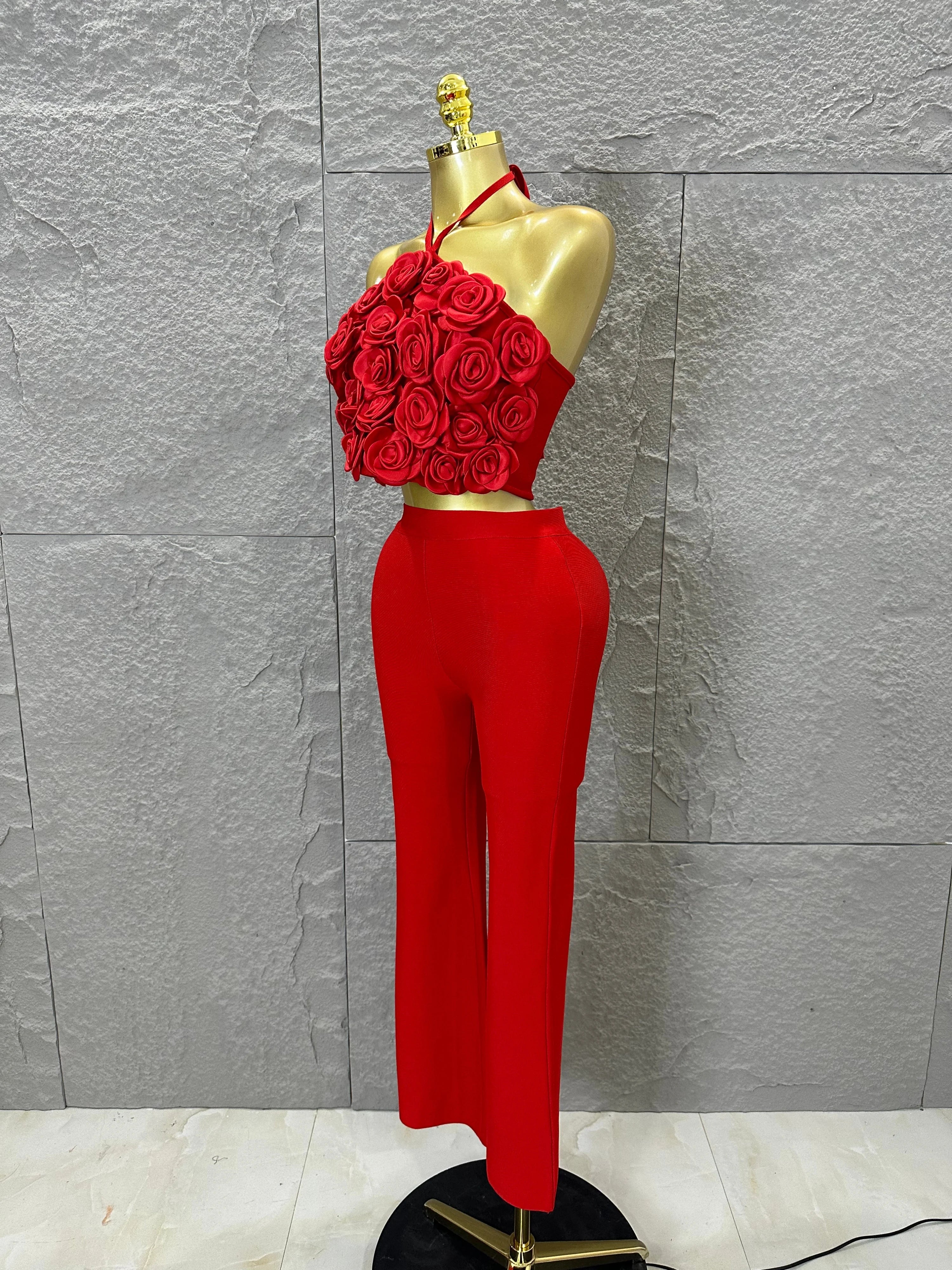 Elegant Two Piece Set Women Halter 3D Flower Crop Top High Waist Flare Pants Bandage Suit Party Casual Formal Wear