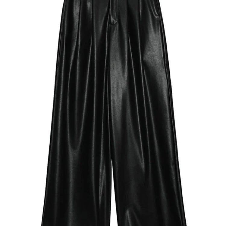 Spring Autumn Loose Casual Flowy Soft Black Brown Pu Leather Wide Leg Pants for Women High Waist Emo Korean Fashion 2023