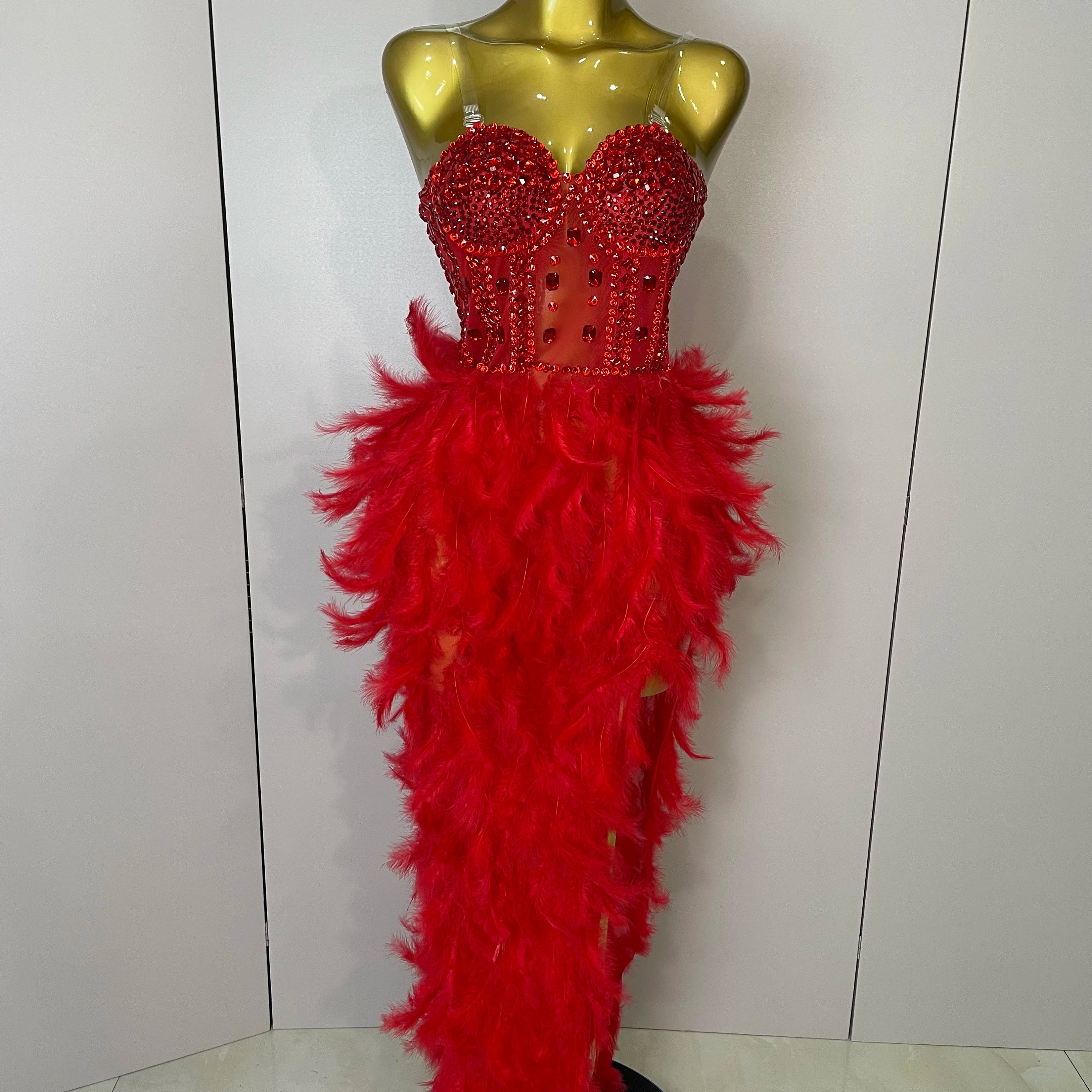 Stock 2025 Women Sexy Sparkly Rhinestone Mesh Feather Long Dress Elegant Evening Party Celebrate Birthday Performance Costume Red