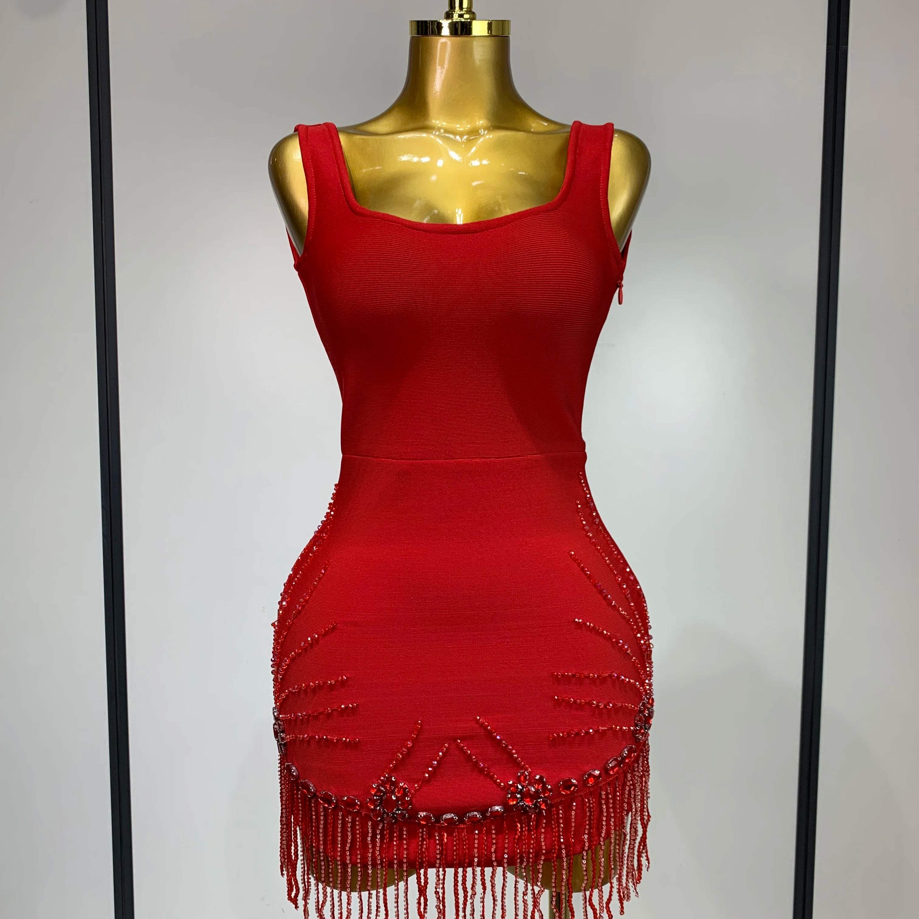 Women Sexy Sleeveless Bandage Dresses Fashion Beading Tassel Clothes Club Evening Party Birthday Elegant Bodycon Dresses Red