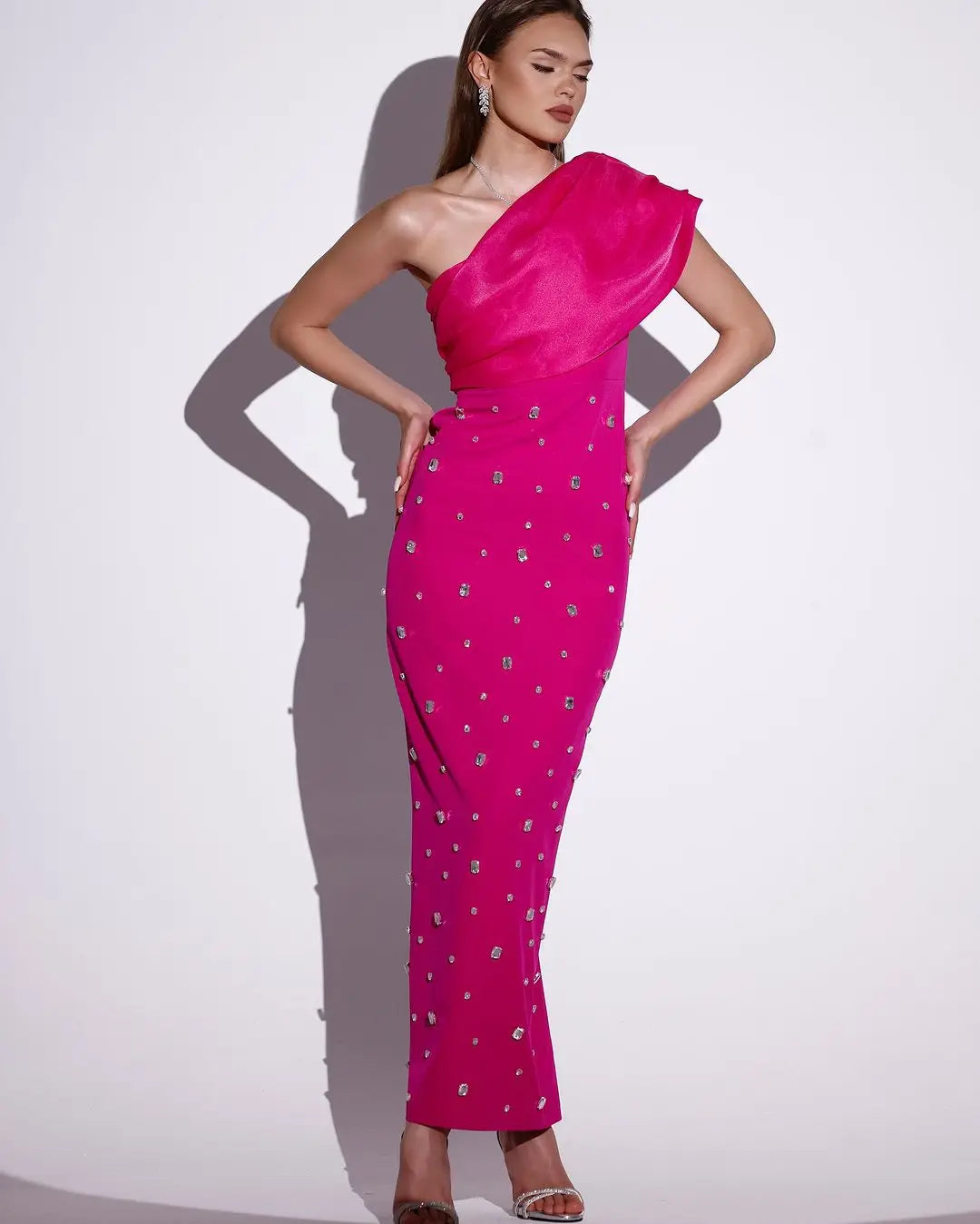 Rosered Black Color Women Sexy One Shoulder Shinning Crystal Bodycon Bandage Long Dress Celebrate Fashion Evening Party Outfit Rose Red