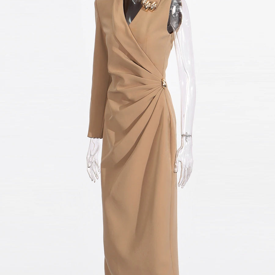 Solid Slimming Spliced Folds Irregular Dresses for Women V Neck Long Sleeves Temperament Dress Female Fashion New