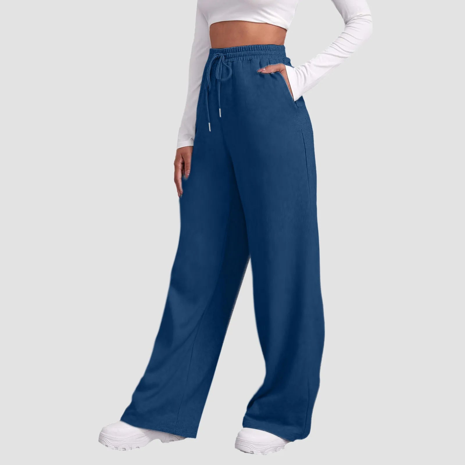 Wide Leg Pants For Women’S Fleece Lined Sweatpants Straight Pants Bottom All-Math Plain Fitness Joggers Travel Basic Pants Navy-B