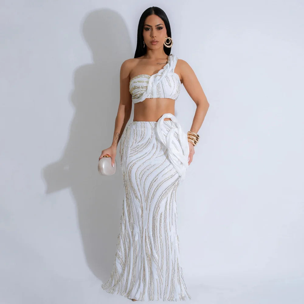 Women’s Dress Set Mesh Sequined Ribbon Sleeveless Strap Top + Long Skirts Sets 2 Two Pcs Sets Sexy Party Evening Oufits White