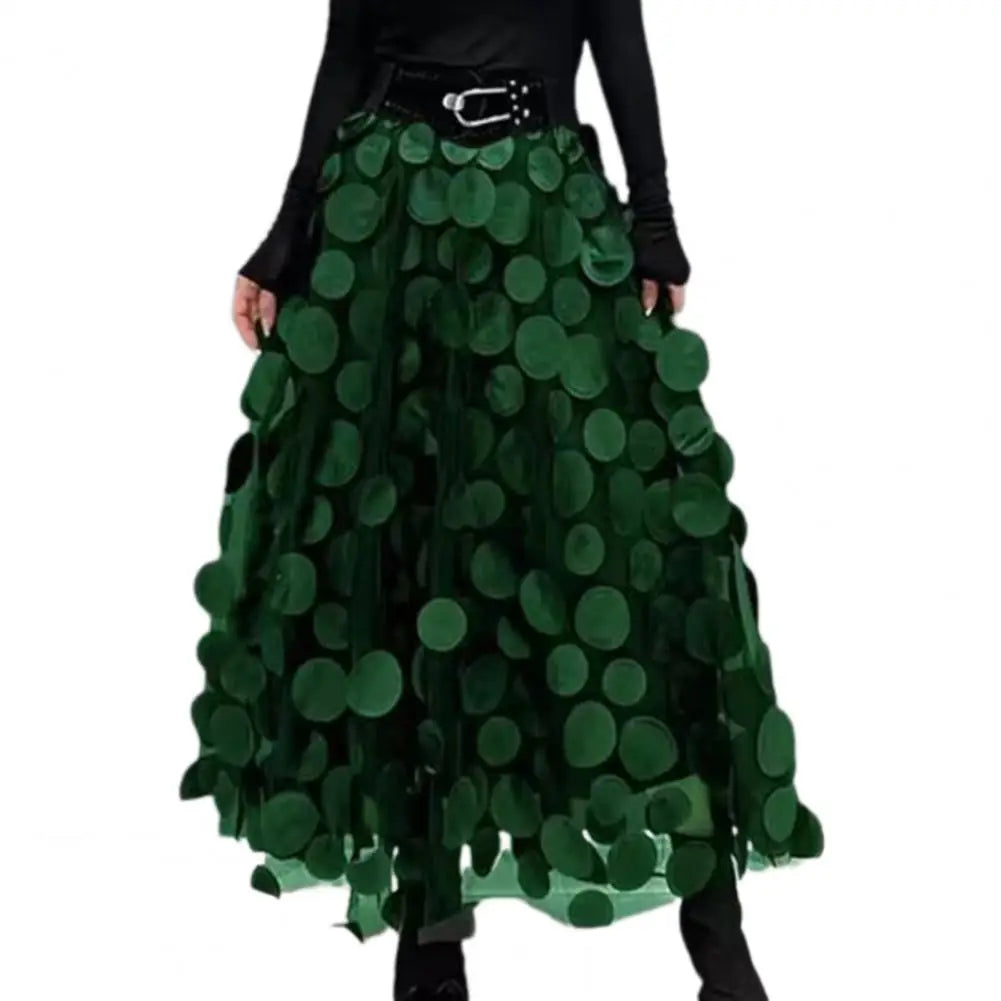 Women High Waist Skirt Hem Skirt Vintage A-line Maxi Skirt with 3d Dot Decor High Waist Women's Retro Solid Color Long Elastic Atrovirens